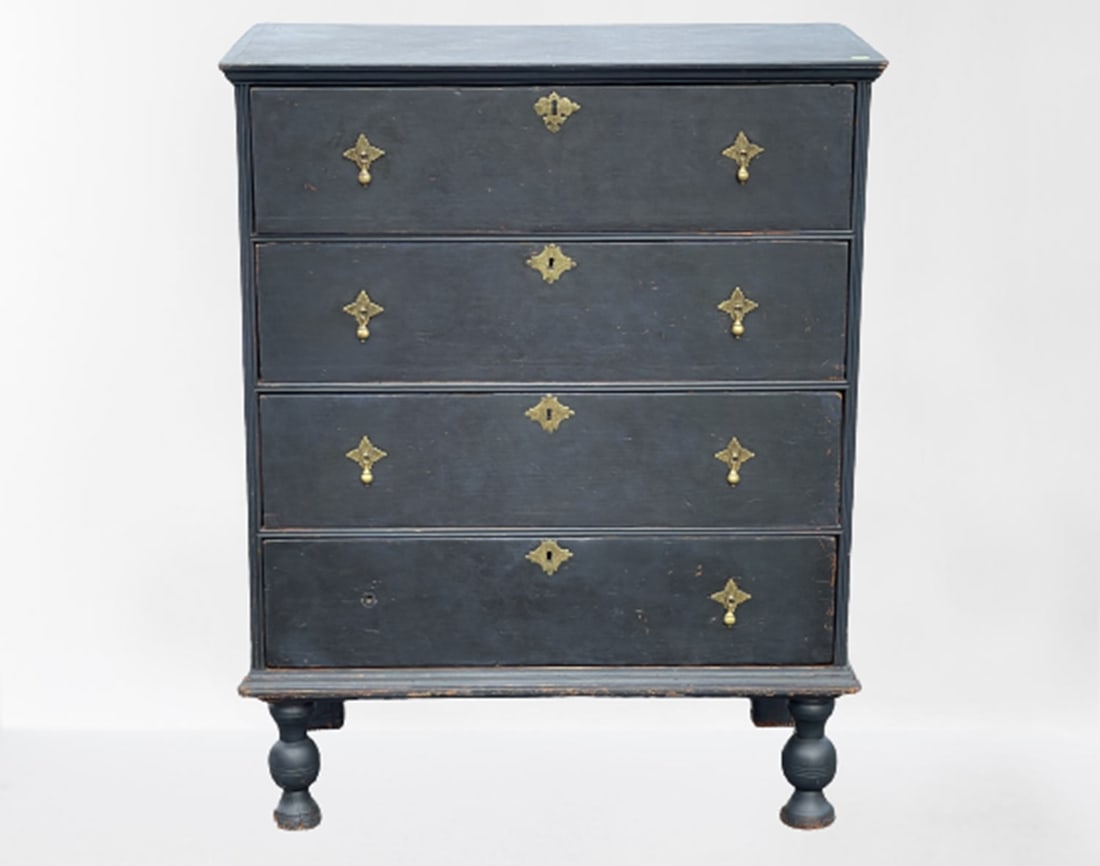 18th C. WILLIAM & MARY FOUR DRAWER CHEST IN OLD BLUE PAINT. (1 of 11)