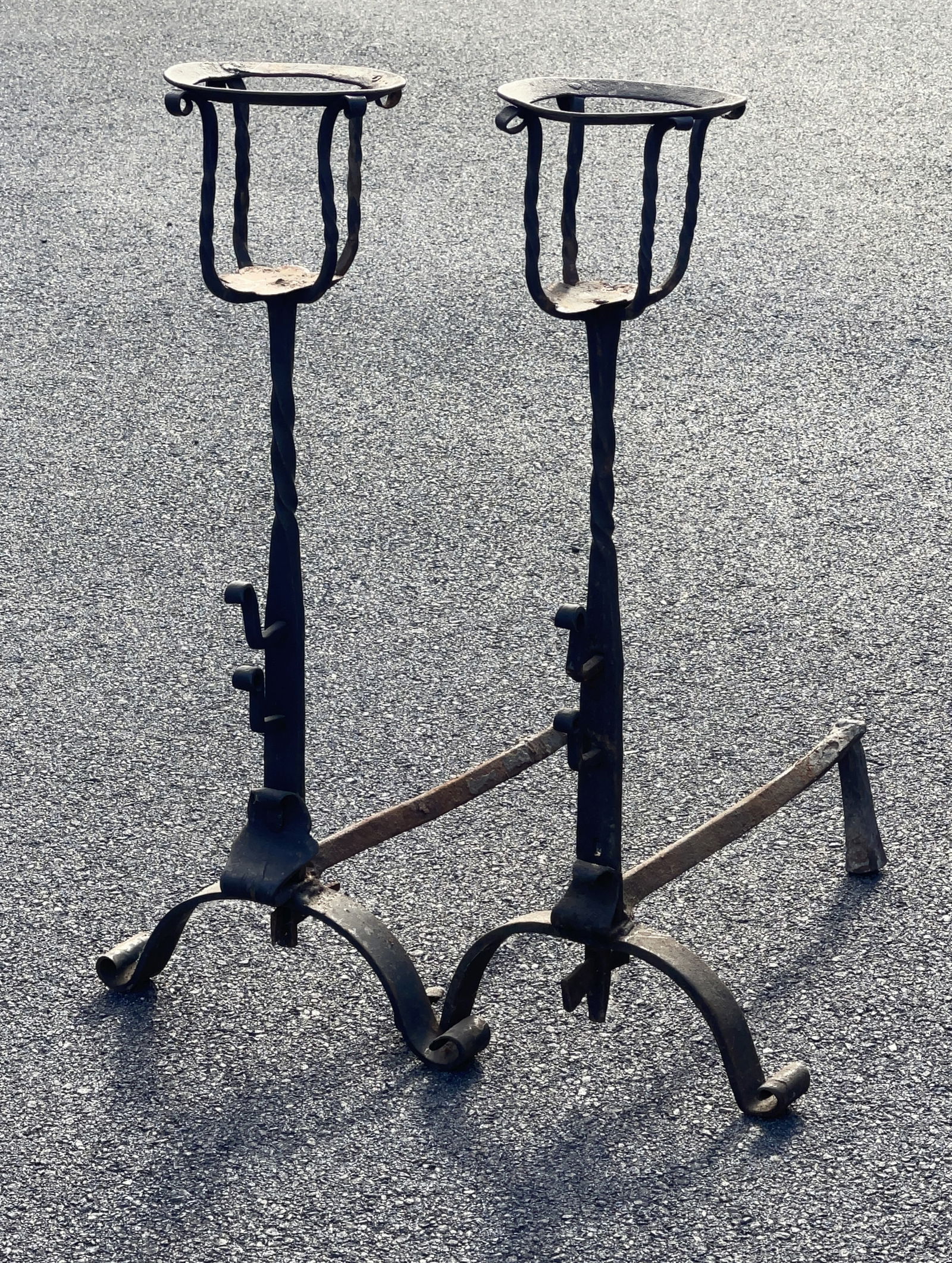 17TH - 18TH C WROUGHT IRON ANDIRONS WITH CRESET HOLDER TOPS: 17TH - 18TH C WROUGHT IRON ANDIRONS WITH CRESET HOLDER TOPS 29" X 22"