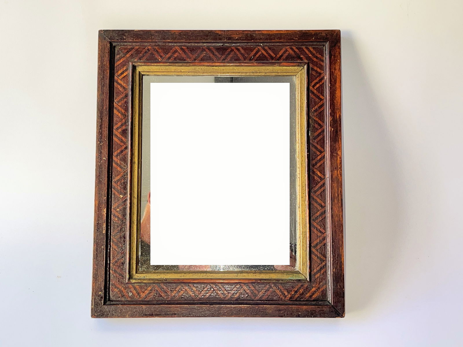 19TH C. AMERICAN FOLK ART MARQUETRY MIRROR IN ORIGINAL ALLIGATORED FI (1 of 4)