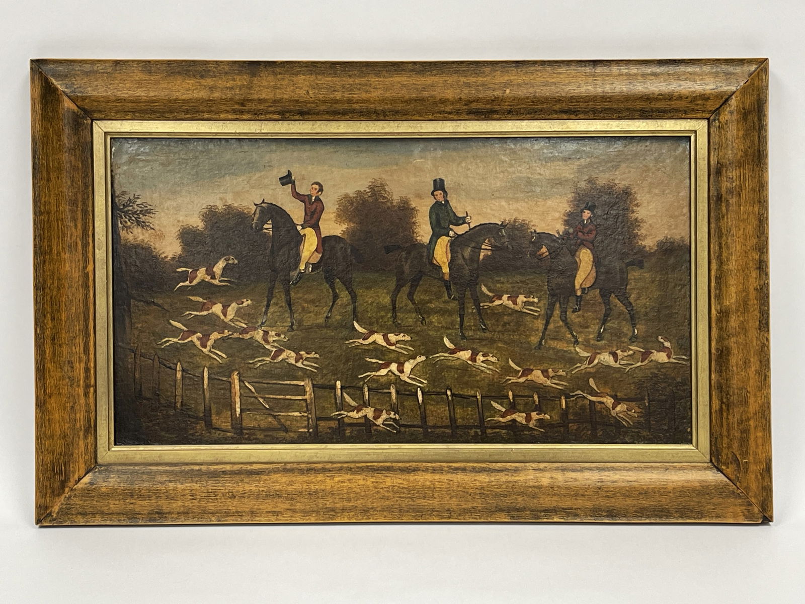 19TH C O/C FOLK ART PAINTING OF RIDERS IN THE FOX HUNT, (1 of 4)