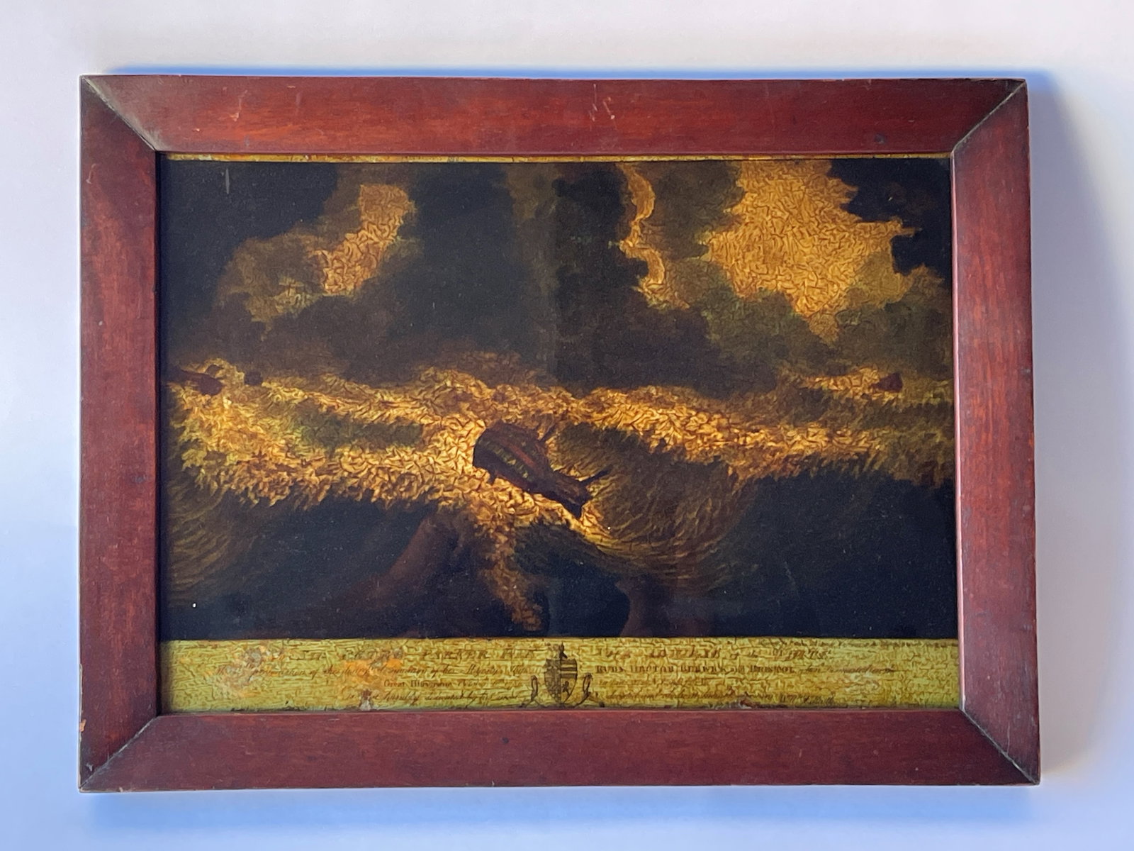 REVERSE PAINTING ON GLASS OF A SHIPS IN A STORM: REVERSE PAINTING ON GLASS OF A SHIPS IN A STORM 14 X 18.5