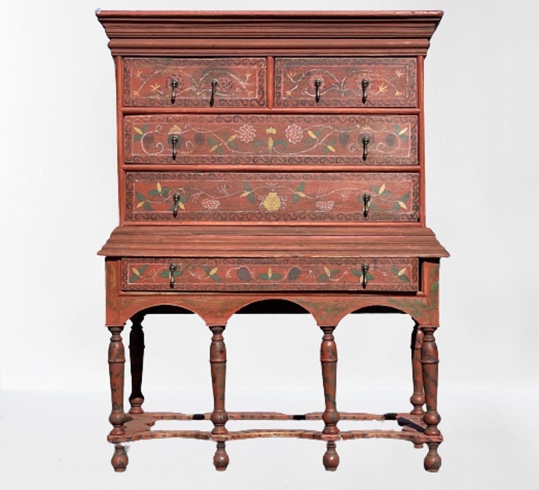 18TH C RARE SAYBROOK, CT. PAINTED HIGHBOY ATTRIBUTED TO CHARLES GILLAM (1 of 8)