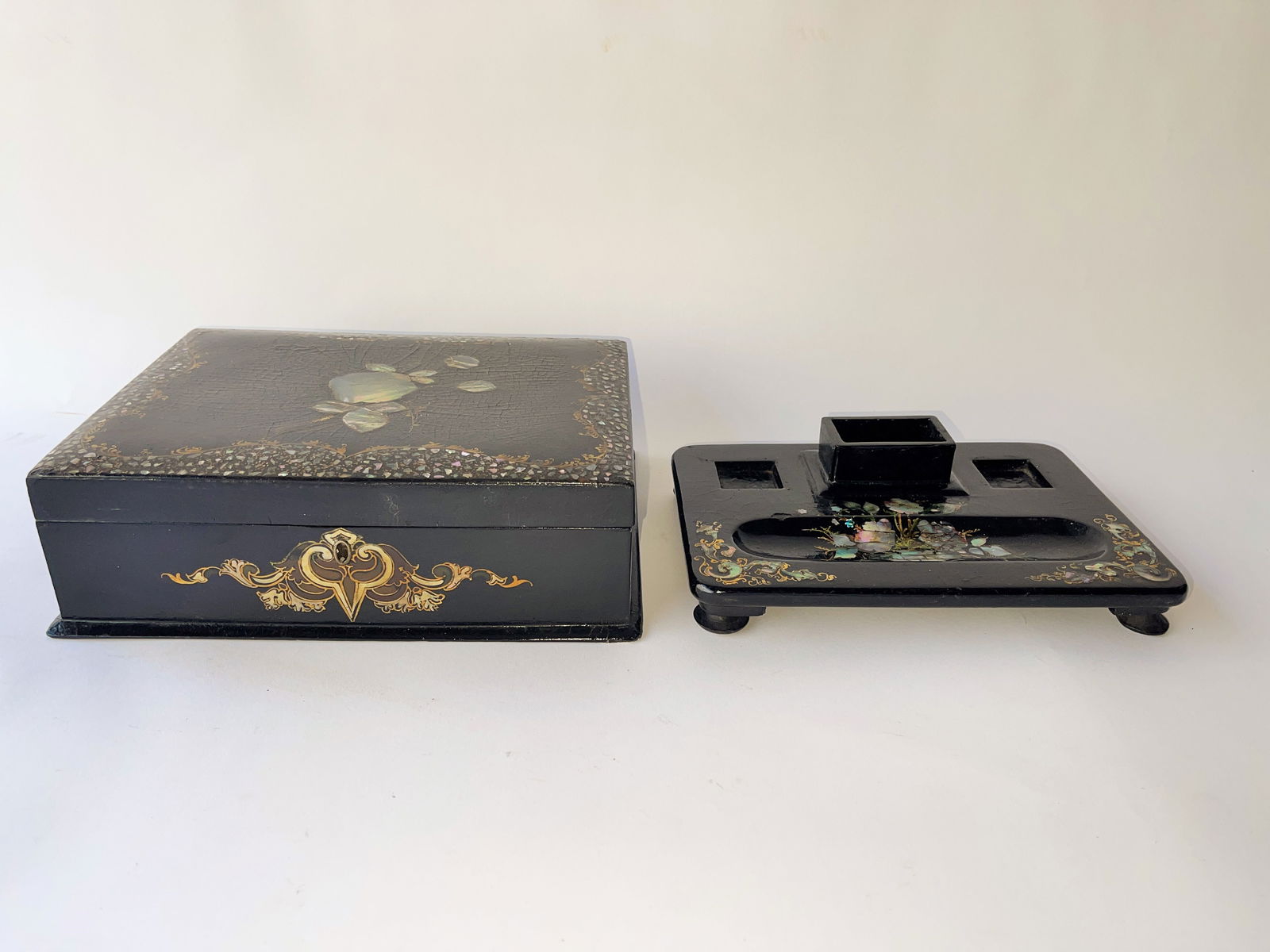 ABALONE INLAID BOX AND TRAY: ABALONE INLAID BOX AND TRAY BOX 8 X 10 X 3