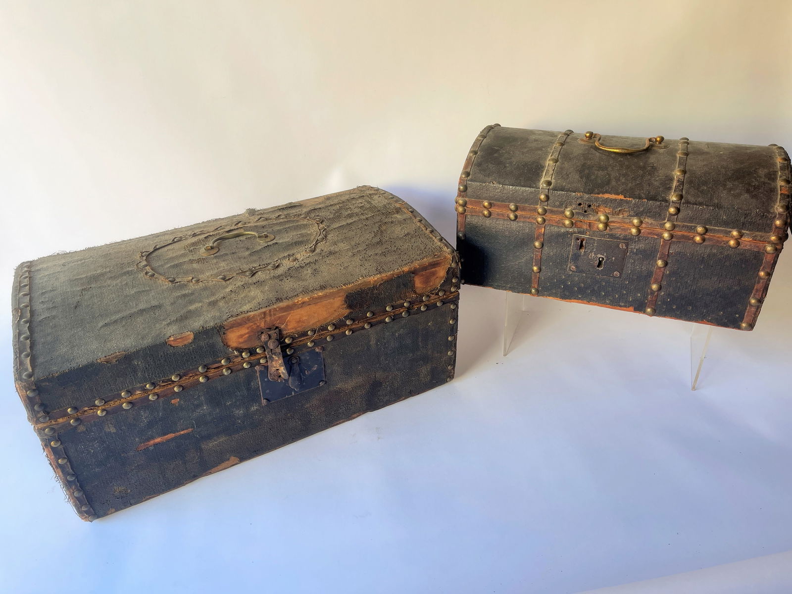 TWO LEATHER AND BRASS TACKED DOME TOP BOXES (1 of 4)
