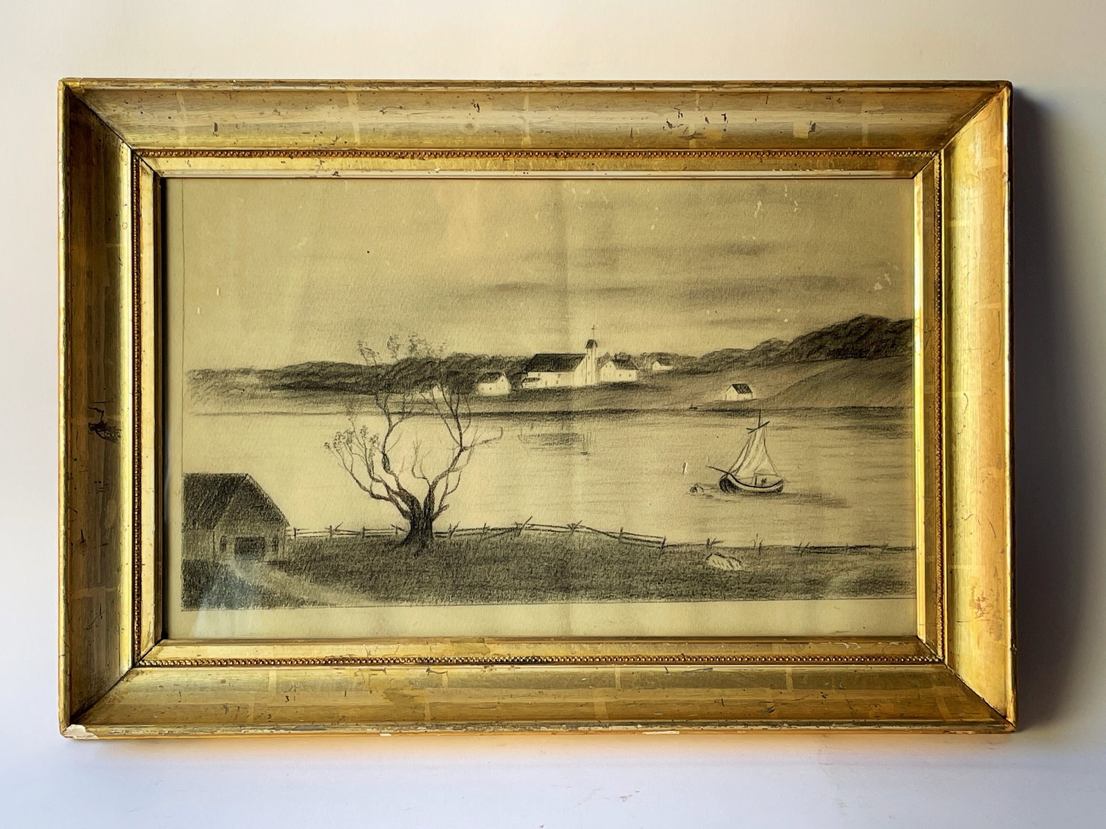 NEW ENGLAND COASTAL CHARCOAL SCENE: NEW ENGLAND COASTAL CHARCOAL SCENE 19 X 13