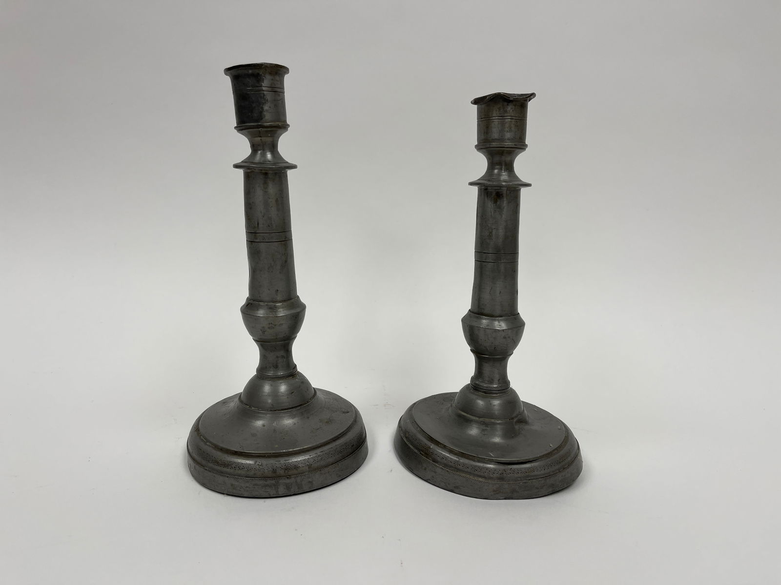 PAIR EARLY PEWTER CANDLESTICKS (1 of 3)