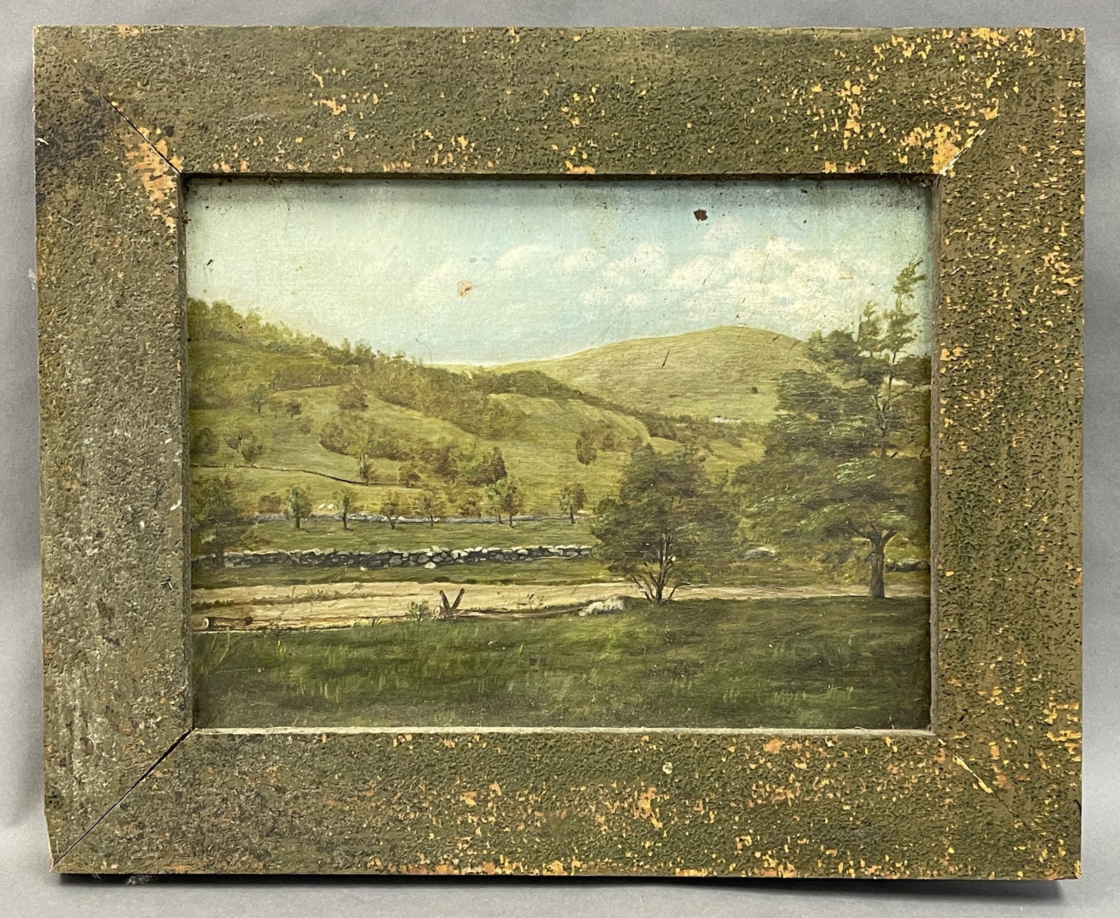 PRIMITIVE FOLK ART FARM PAINTING: PRIMITIVE FOLK ART FARM PAINTING, ORIGINAL PAINTED FRAME, 17 X 21