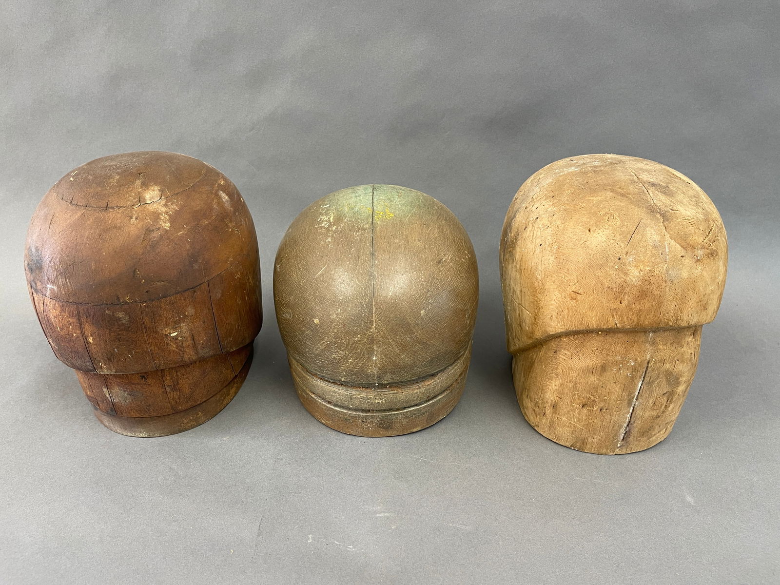 THREE WOODEN WIG STANDS (1 of 2)