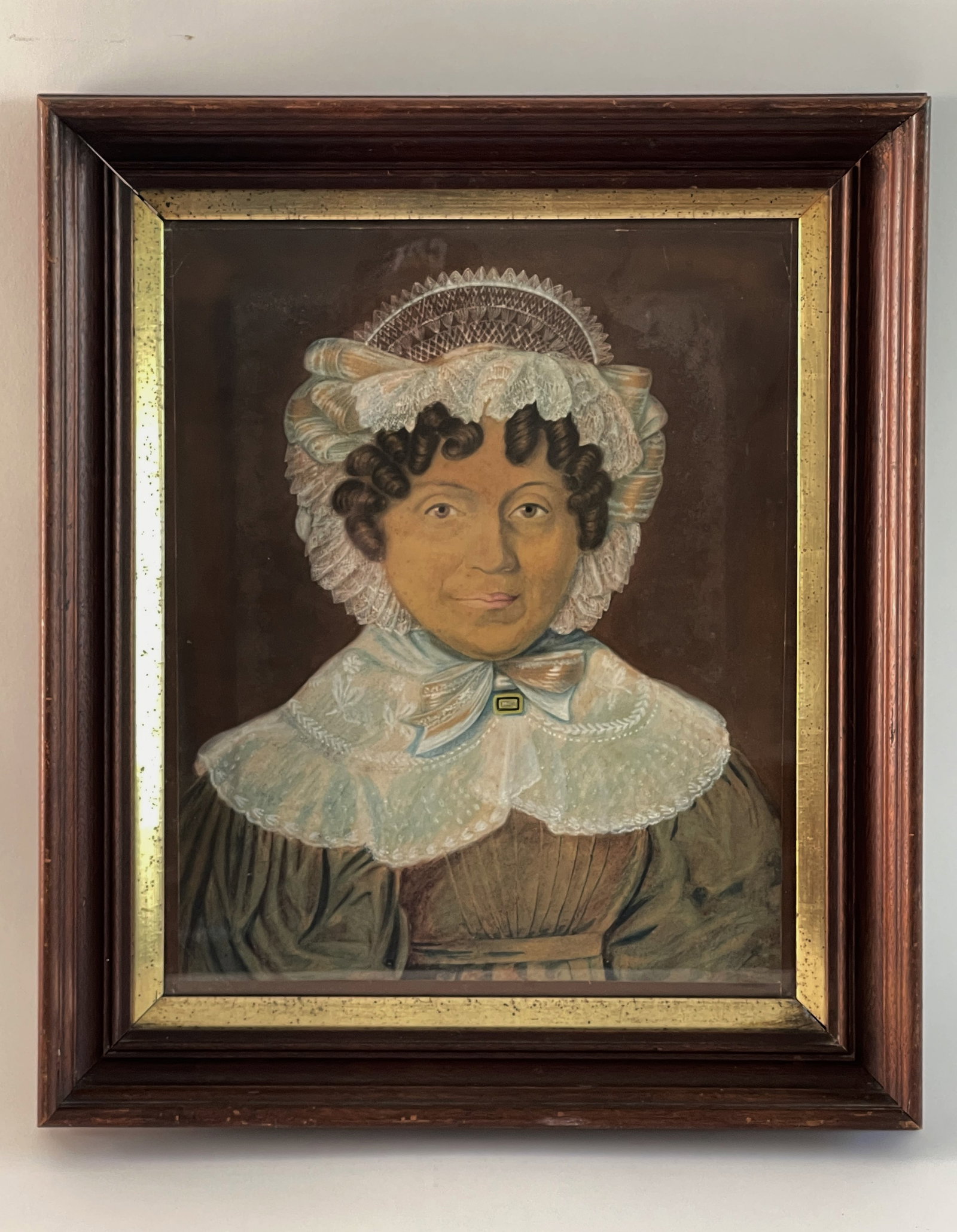FOLK ART PASTEL WATERCOLOR AND GRAPHITE ON PAPER PORTRAIT OF A LADY WITH BROWN CURLS: FOLK ART PASTEL WATERCOLOR AND GRAPHITE ON PAPER PORTRAIT OF A LADY WITH BROWN CURLS 17" X 20"