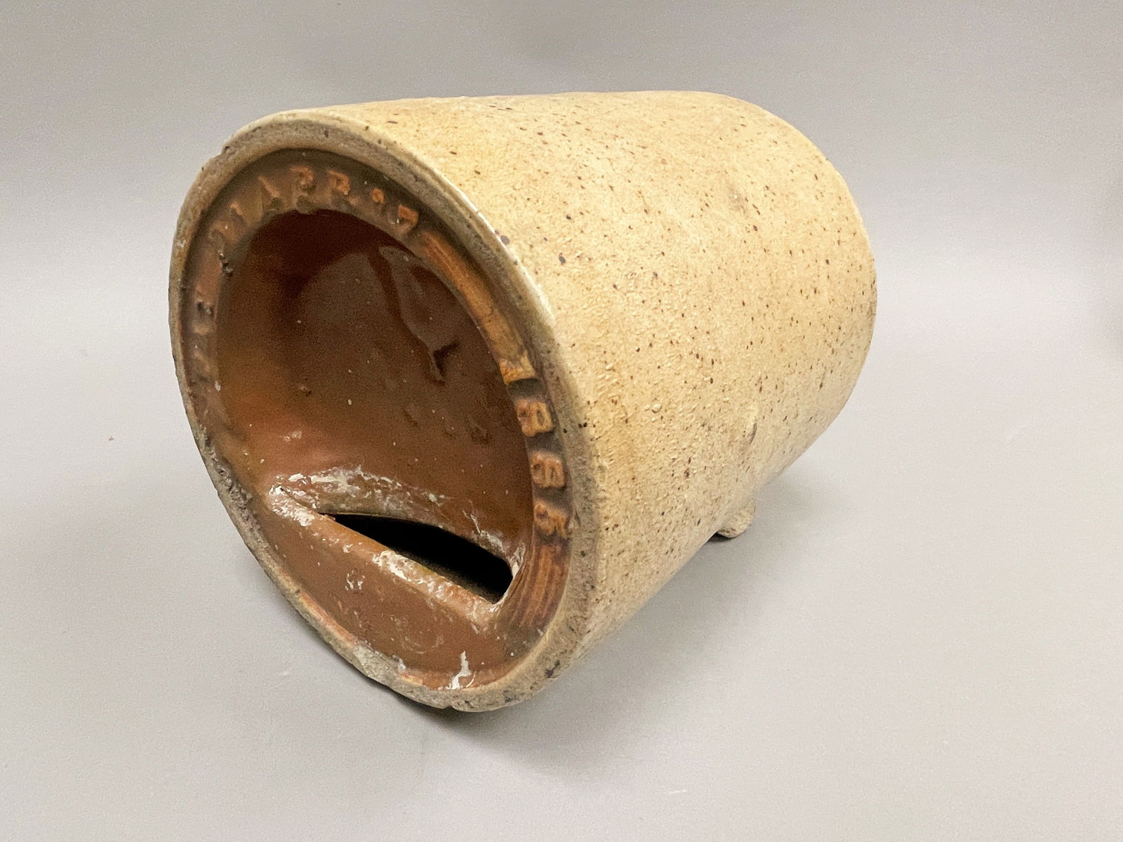 19TH C STONEWARE CHICKEN FEEDER DATED 1885 (1 of 4)