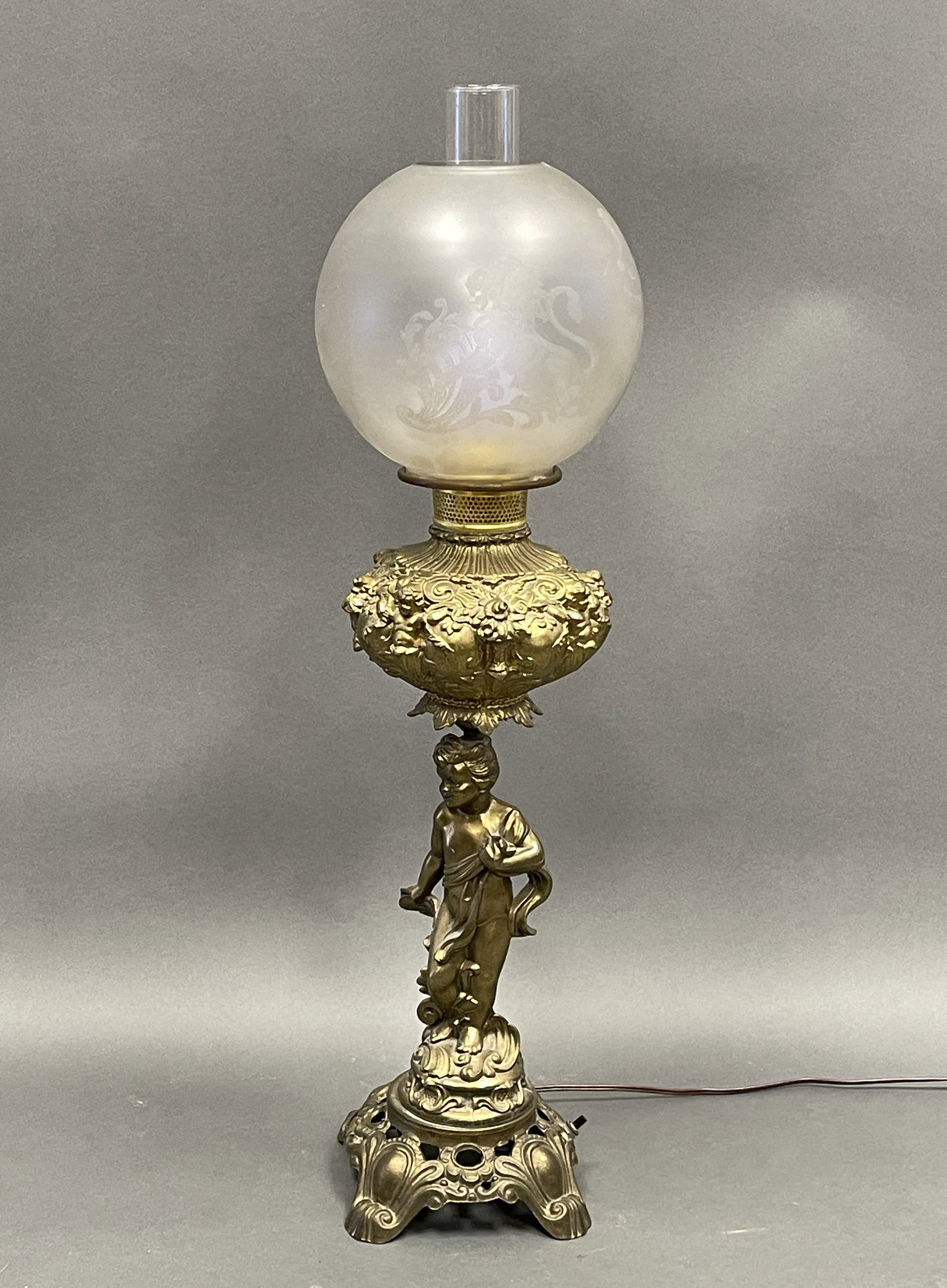 19TH C CHERUB LAMP WITH FINE ETCHED GLASS SHADE: 19TH C CHERUB LAMP WITH FINE ETCHED GLASS SHADE, COMPLETE, WORKING ORDER, 23T X 8W