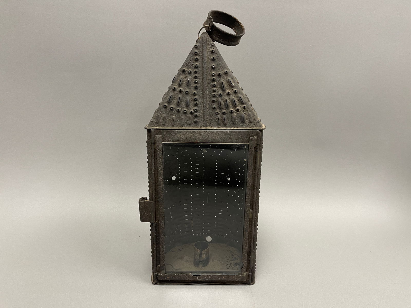 18TH C HALF ROUND PIERCED TIN CANDLE LANTERN (1 of 4)