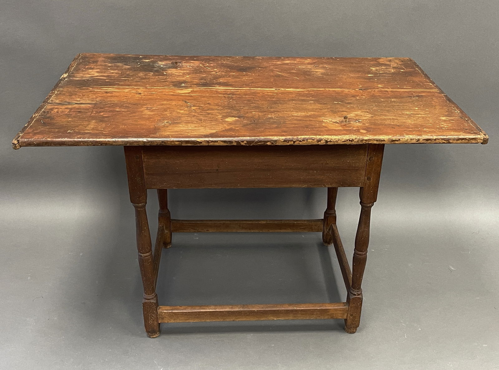 18TH C WILLIAM AND MARY STRETCHER BASE TAVERN TABLE IN ORIGINAL 2 BOARD CHERRY TOP IN OLD SURFACE (1 of 4)