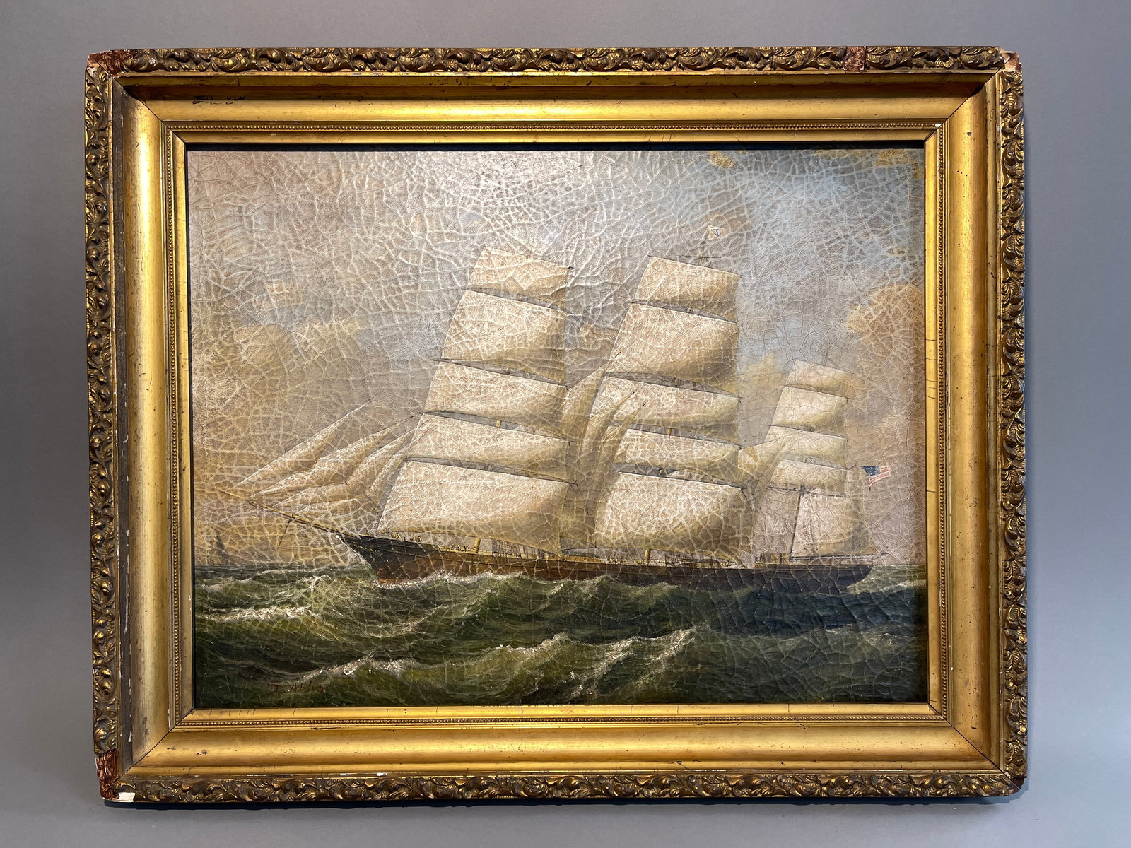 19TH C OIL ON CANVAS PAINTING OF A CLIPPER SHIP WITH AMERICAN FLAG C. 1860 (1 of 6)
