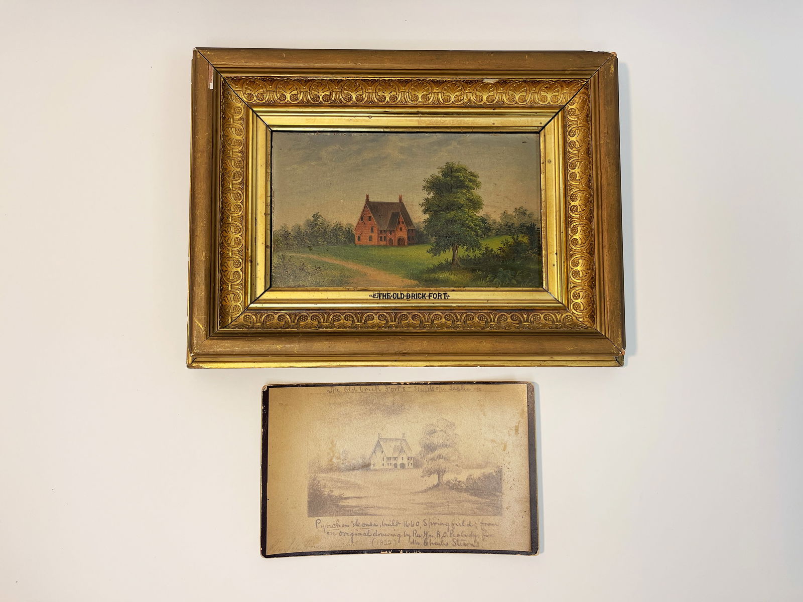 19TH C FOLK ART PAINTING OF THE 1660 PYNCHON HOME AND FORT, SPRINGFIELD, MA (1 of 4)