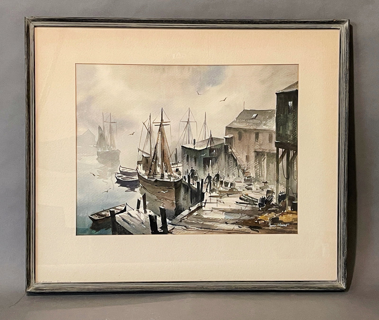JOHN CUTHBERT HARE WATERCOLOR "WET WEATHER GLOUCESTER": JOHN CUTHBERT HARE WATERCOLOR "WET WEATHER GLOUCESTER" FRAME 20" X 23" & 12" X 16"John Cuthbert Hare (American, 1908-1978), was an artist and painter primarily known for his watercolor paintings of se