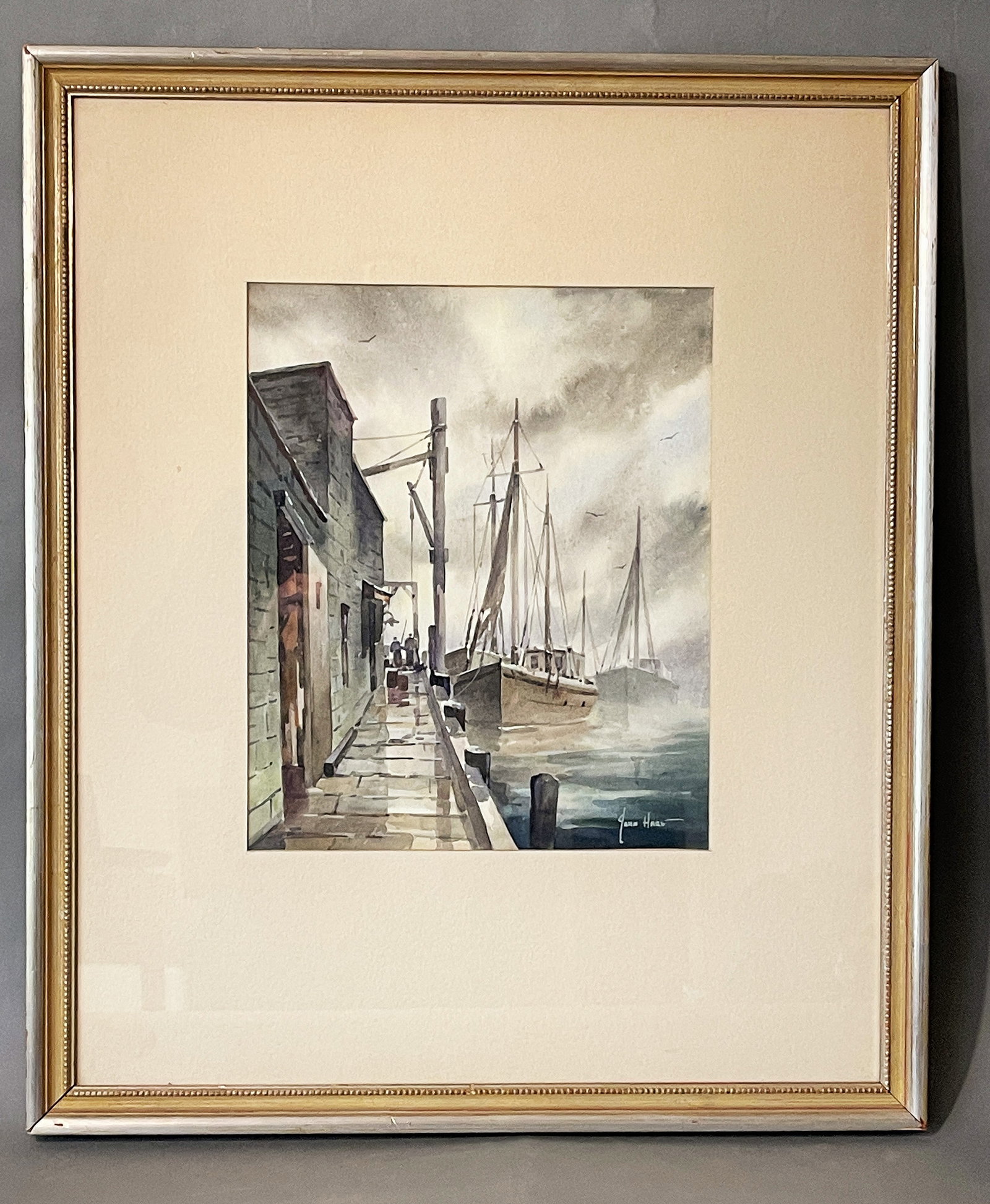 JOHN CUTHBERT HARE WATERCOLOR "BOATS & DOCKS": JOHN CUTHBERT HARE WATERCOLOR "BOATS & DOCKS" FRAME 18.5" X 22" & 9.5" X 11.5" John Cuthbert Hare (American, 1908-1978), was an artist and painter primarily known for his watercolor paintings of seasc