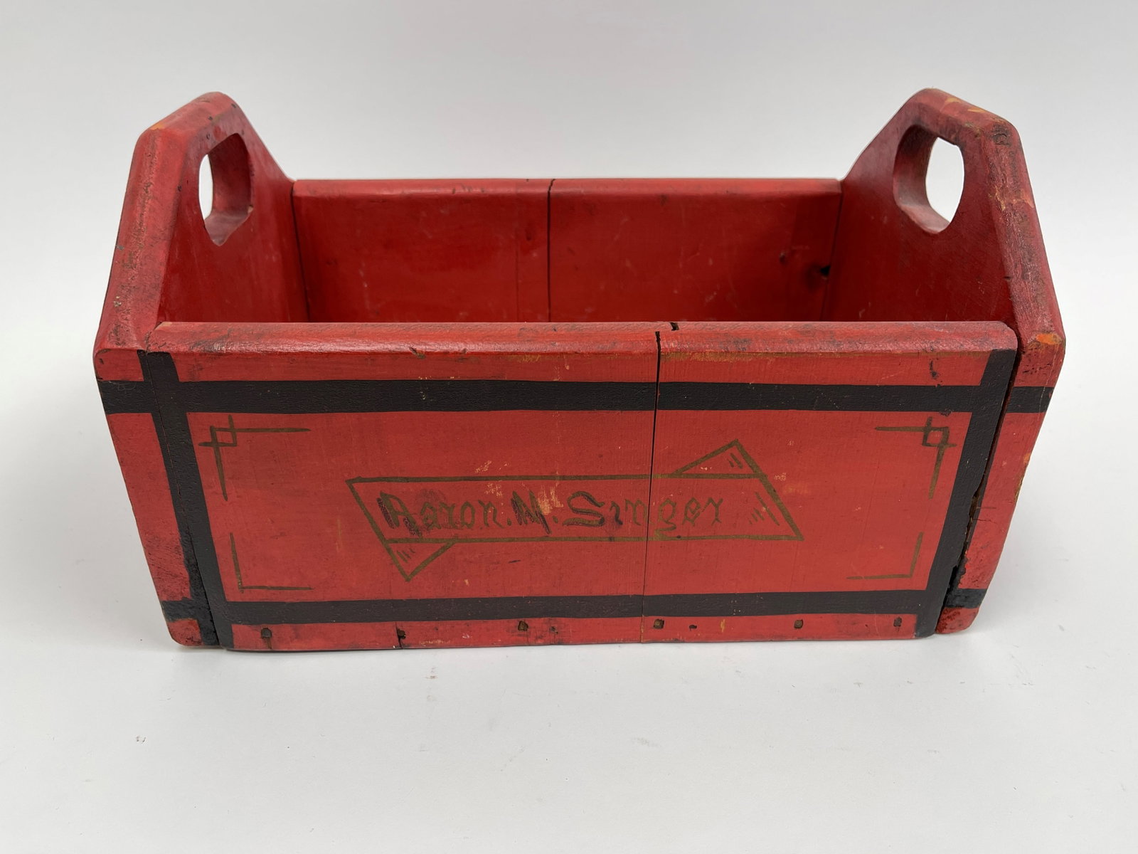 PAINT DECORATED APPLE BOX WITH RED PAINT AND YELLOW AND BLACK DECORATION: PAINT DECORATED APPLE BOX WITH RED PAINT AND YELLOW AND BLACK DECORATION 8" X 14" X 9"