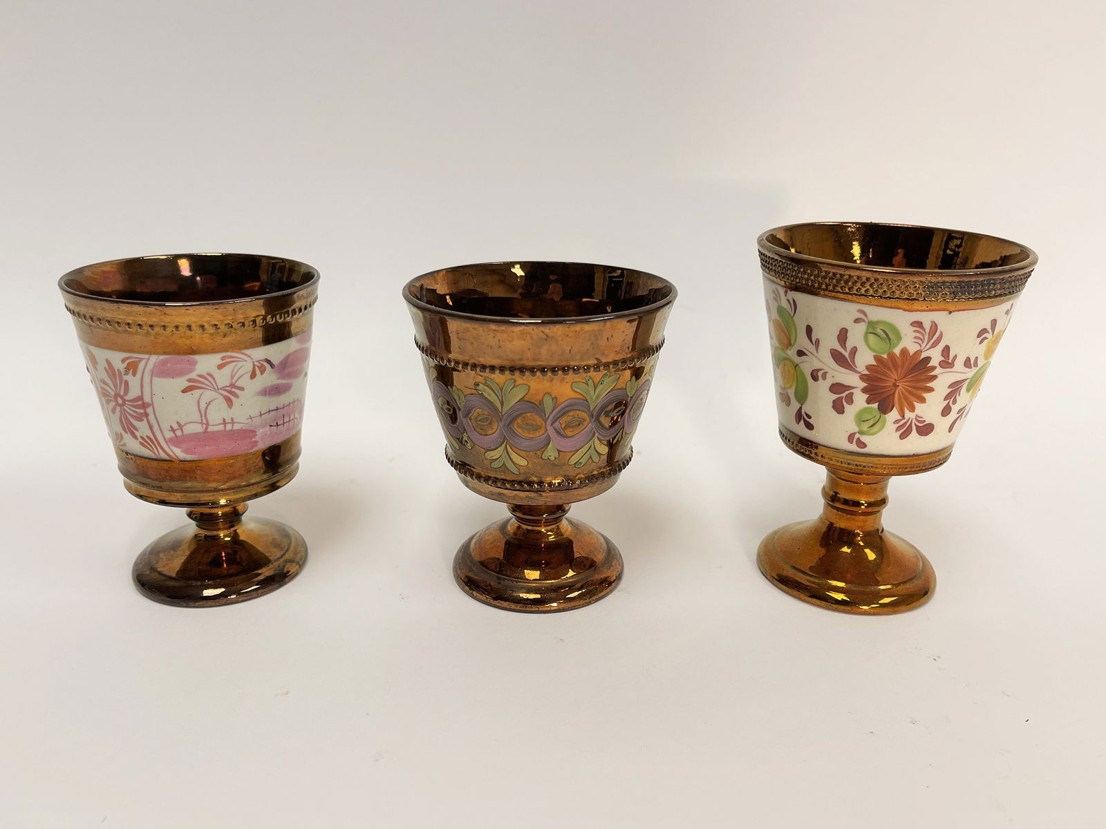 THREE COPPER LUSTER GOBLETS UNMARKED 19THC (1 of 4)