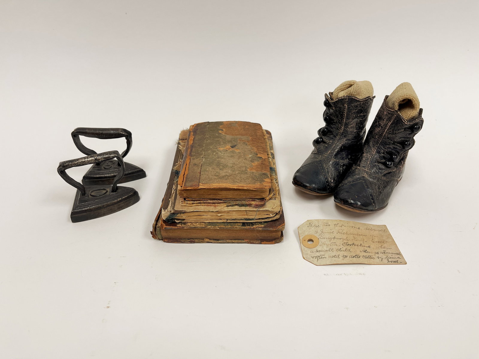 CHILD LOT 3 19TH C BOOKS , PAIR LEATHER SHOE BUTTON SHOES , PR MINI TOY IRONS (1 of 3)