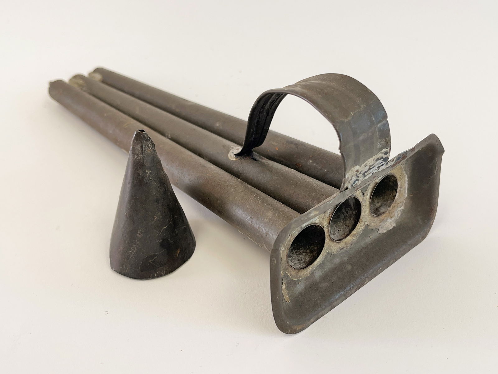 19TH C 3-HOLE CANDLE MOLD WITH TIN WITCHES HAT (1 of 2)