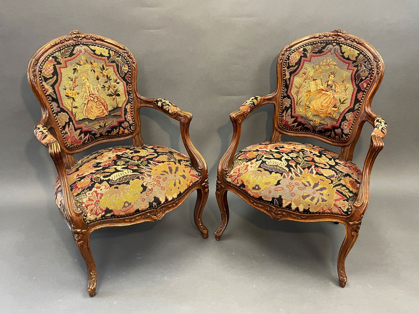 PAIR CARVED FRENCH ARM CHAIRS (1 of 7)