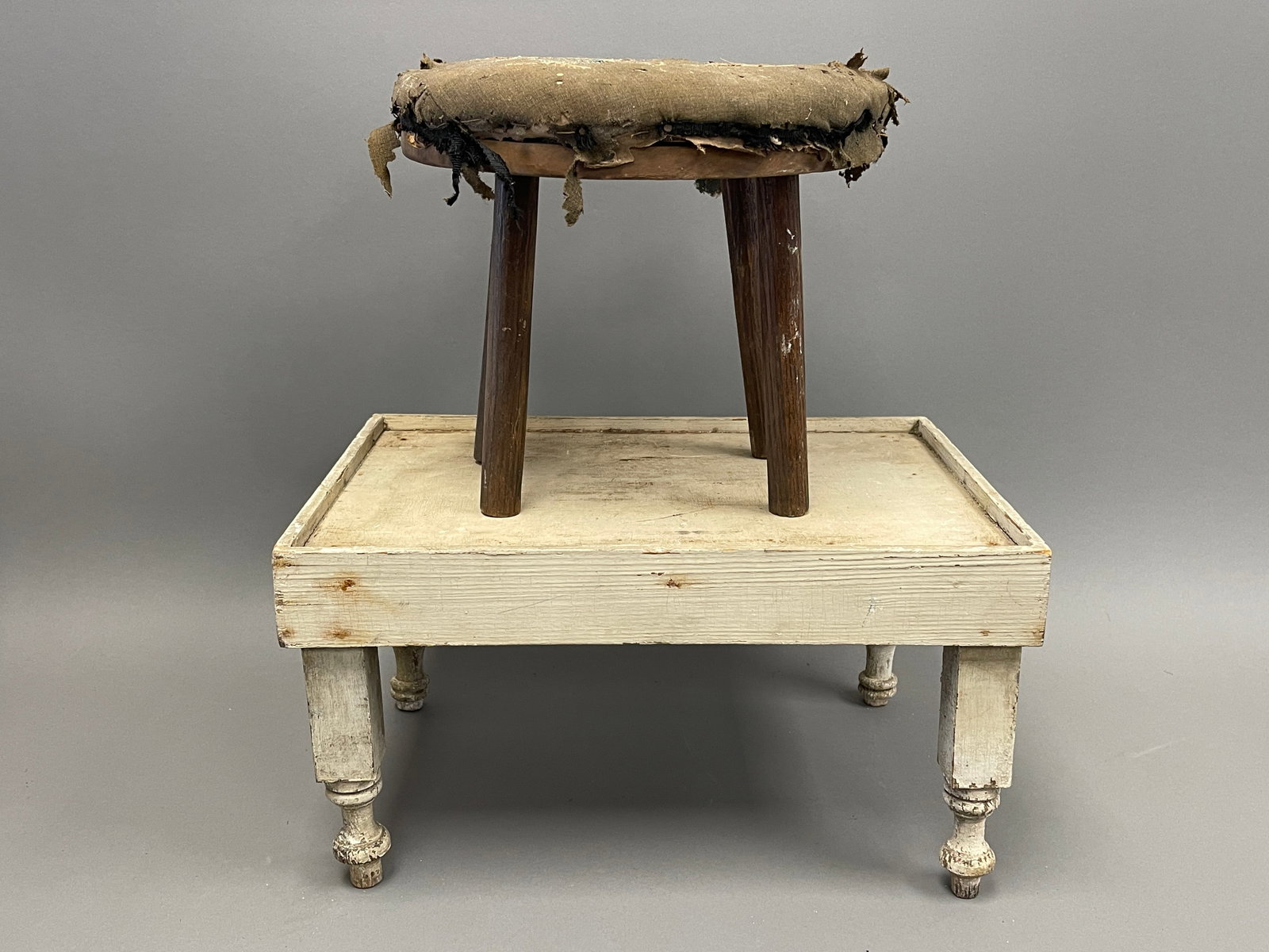 TWO PRIMITIVE FOOTSTOOLS AS FOUND (1 of 2)
