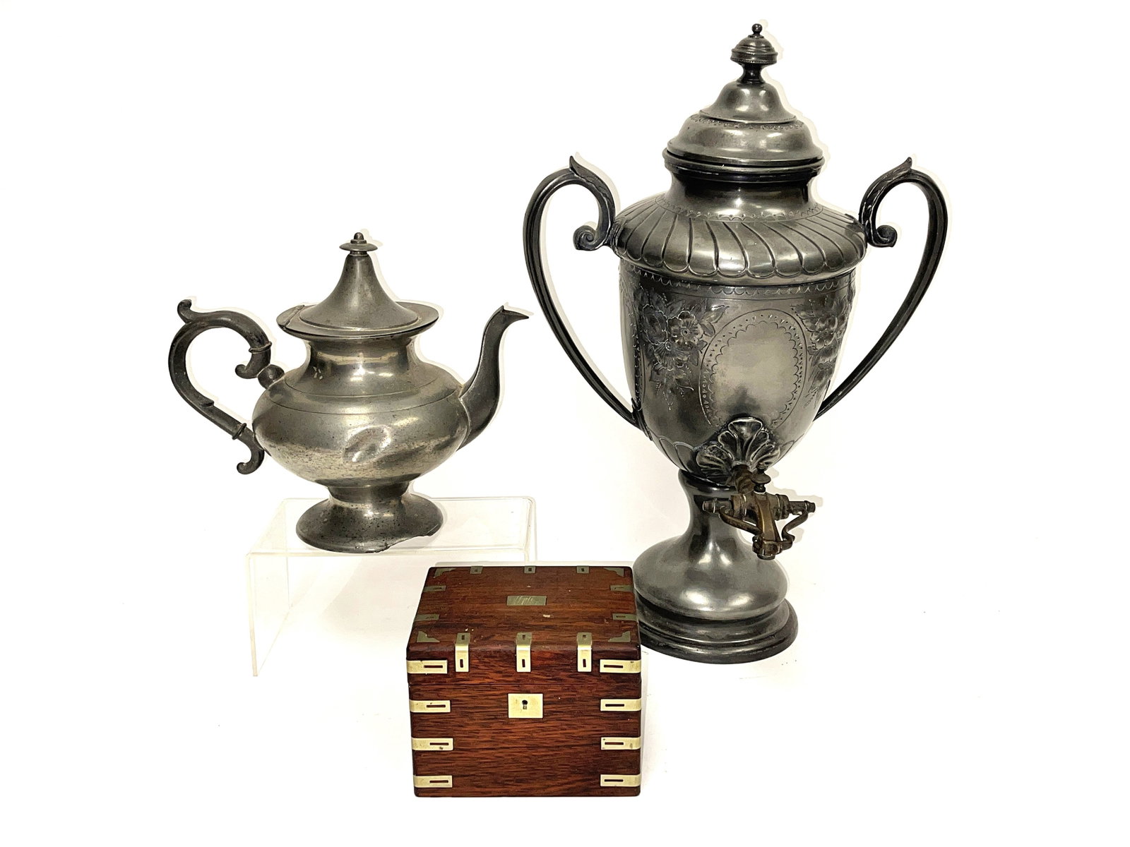 PEWTER TEA RELATED LOT EARLY TO MID 19TH C: PEWTER TEA RELATED LOT EARLY TO MID 19TH C4.5" 5.5" 4" BOX , 18" , 8.5"