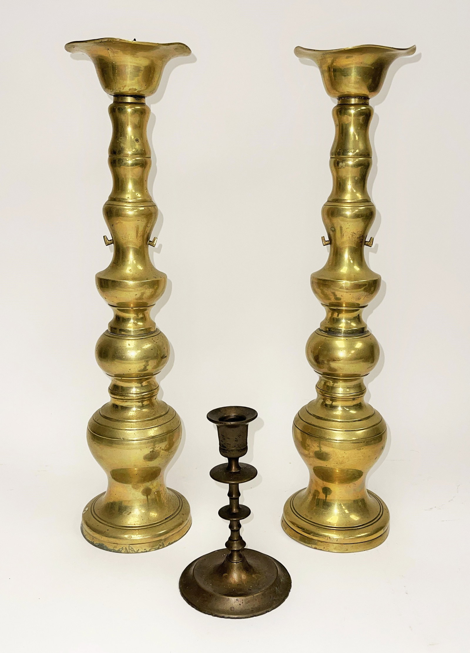 TWO TALL BRASS PRICKET CANDLESTiCKS 19THC OR EARLIER , ALONG WITH A SMALL 18TH C GEORGIAN (1 of 5)