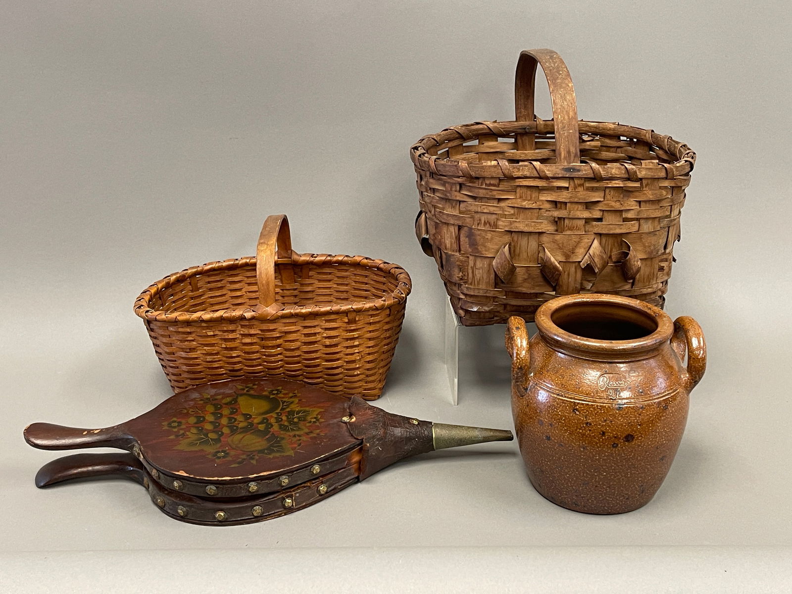 COUNTRY POT , 2 BASKETS , STONEWARE JAR , DECORATIVE BELLOWS (1 of 3)