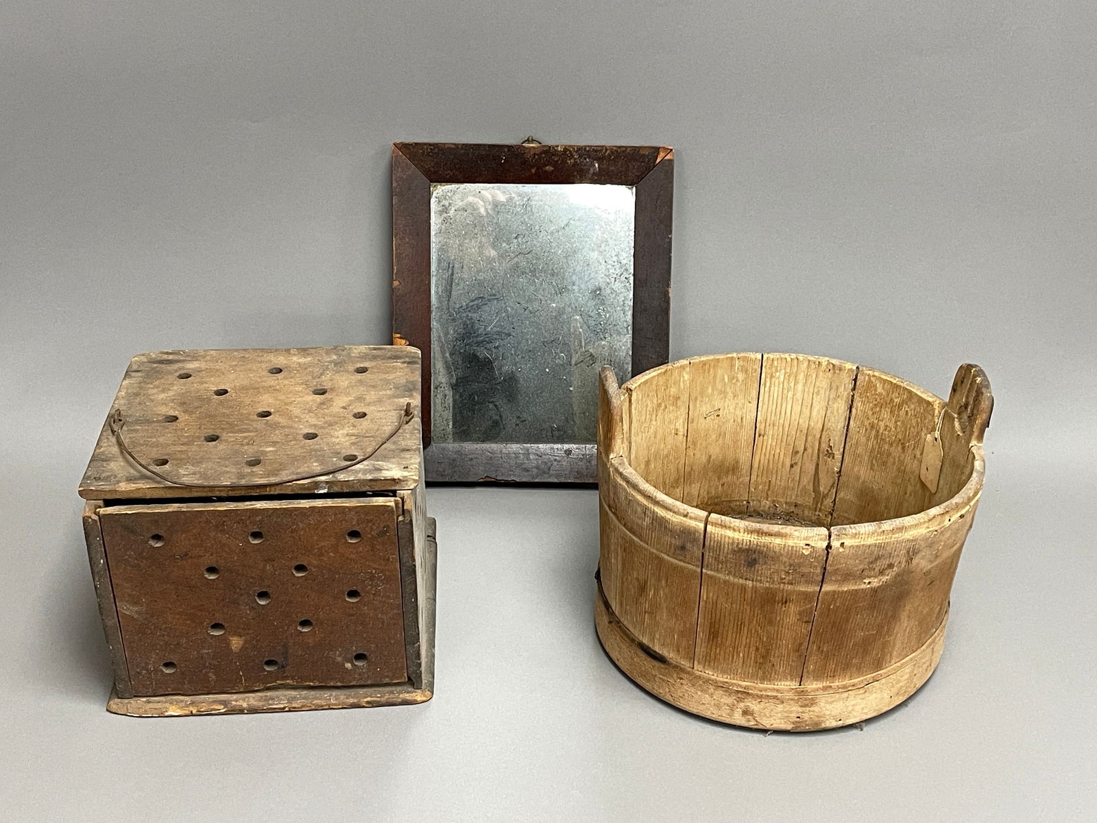 ESTATE LOT, WOODEN PAIL, WOODEN FOOT WARMER, MIRROR (1 of 6)