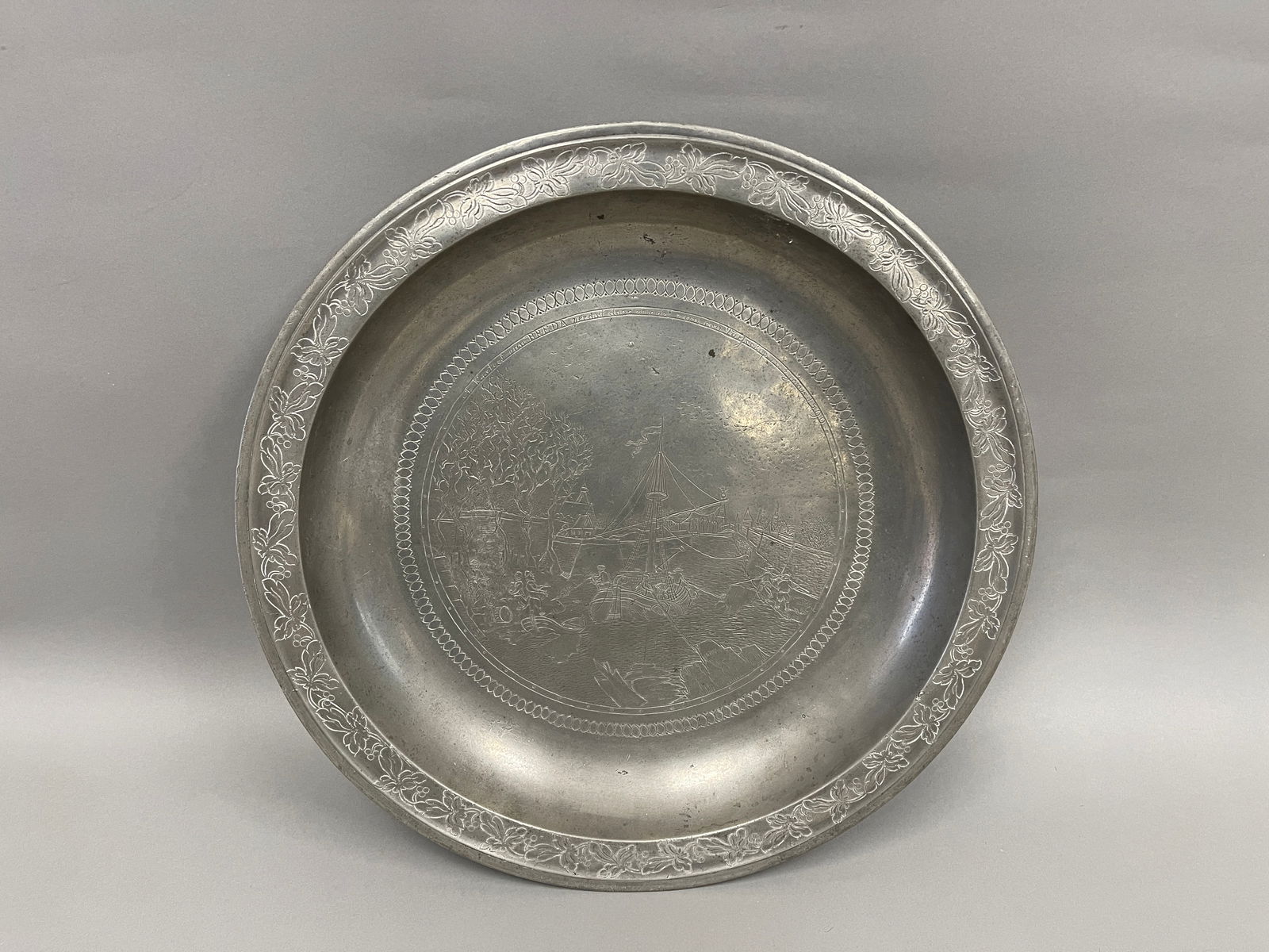 18TH C  DEEP PEWTER CHARGER ETCHED SCENE (1 of 6)