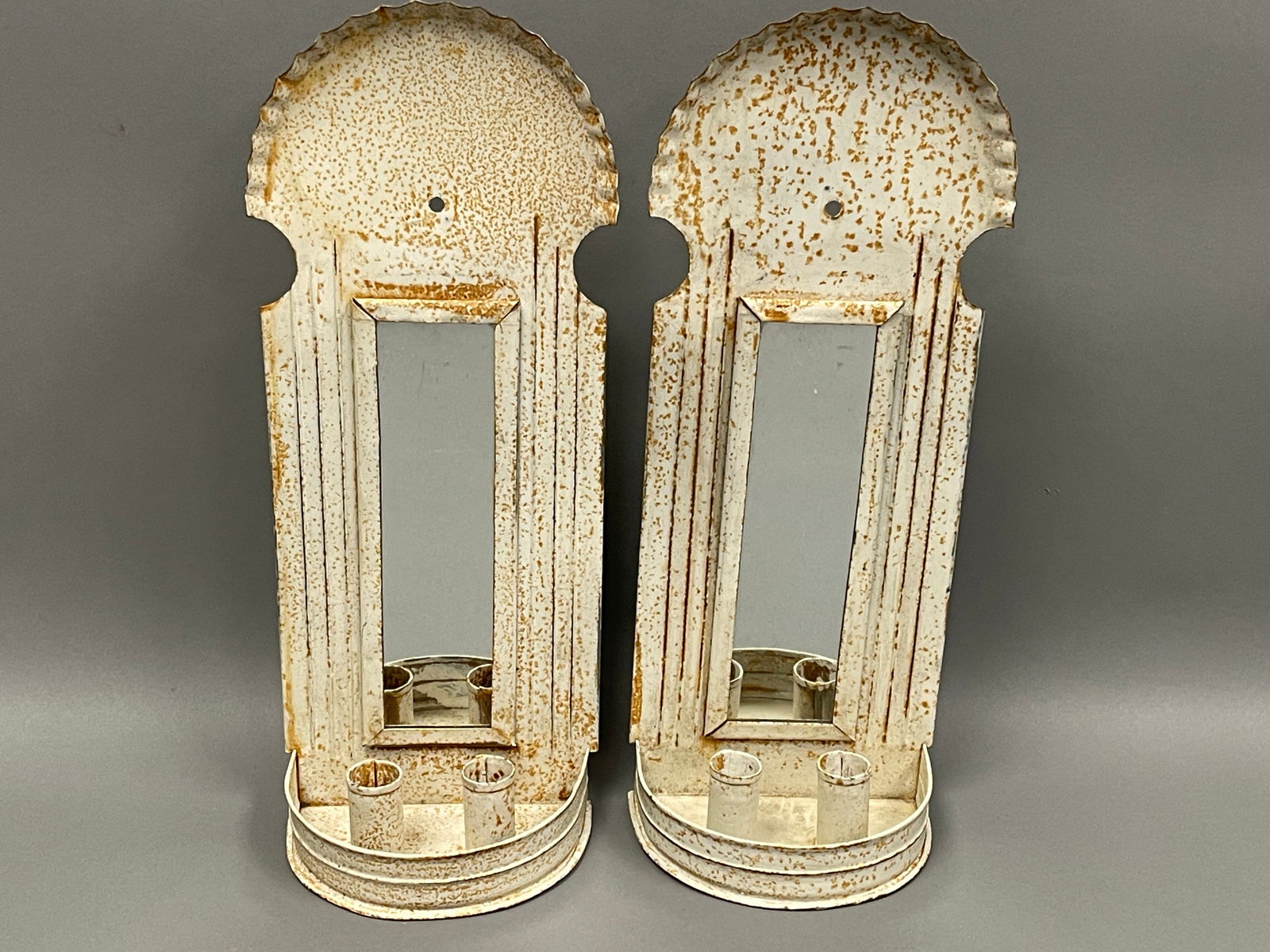 19TH C TIN MIRRORED CANDLE SCONCES IN OLD WEATHERED WHITE PAINT (1 of 4)
