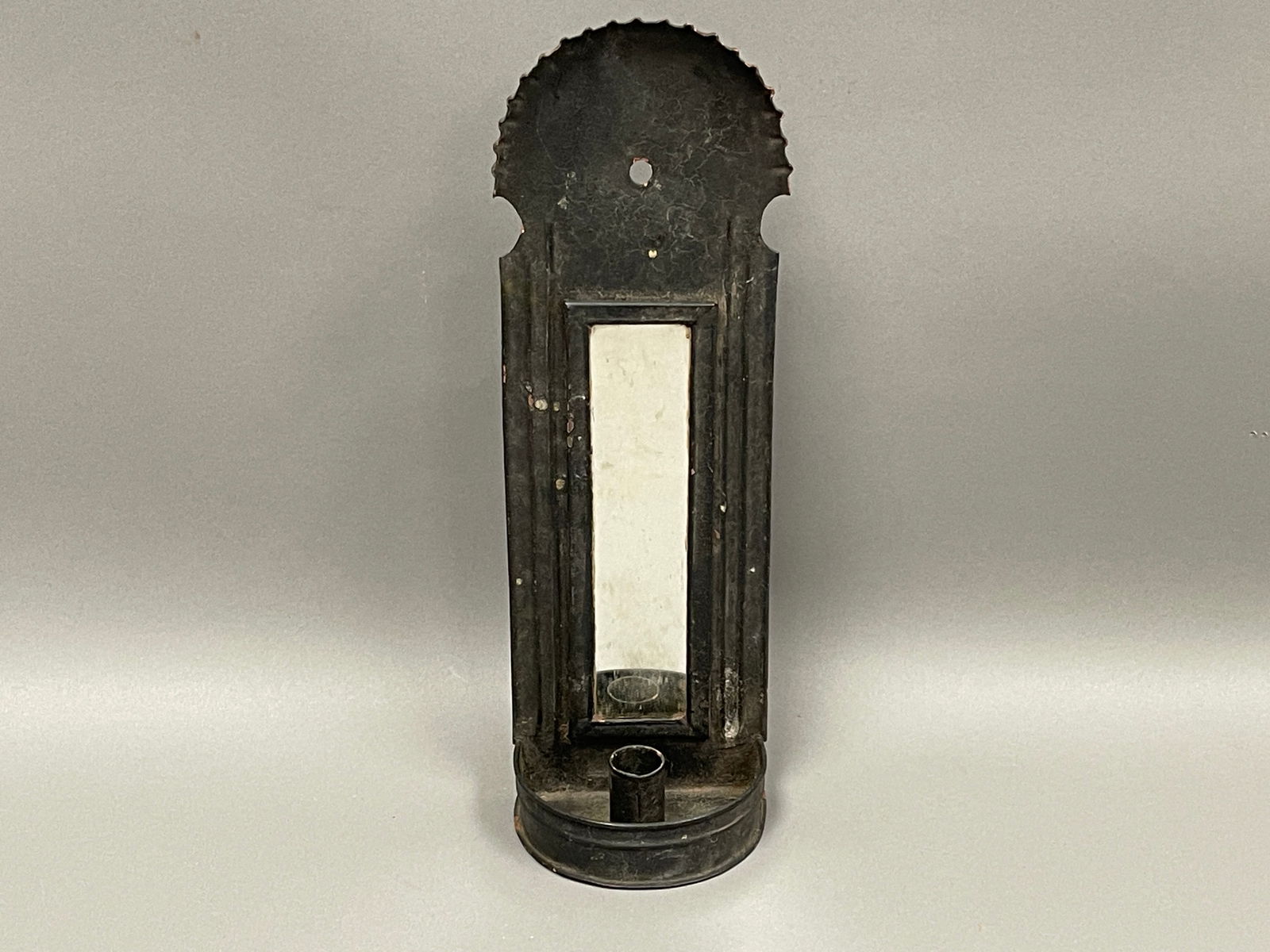 EARLY 19TH C TIN MIRRORED SCONCE IN ORIGINAL BLACK PAINT (1 of 3)
