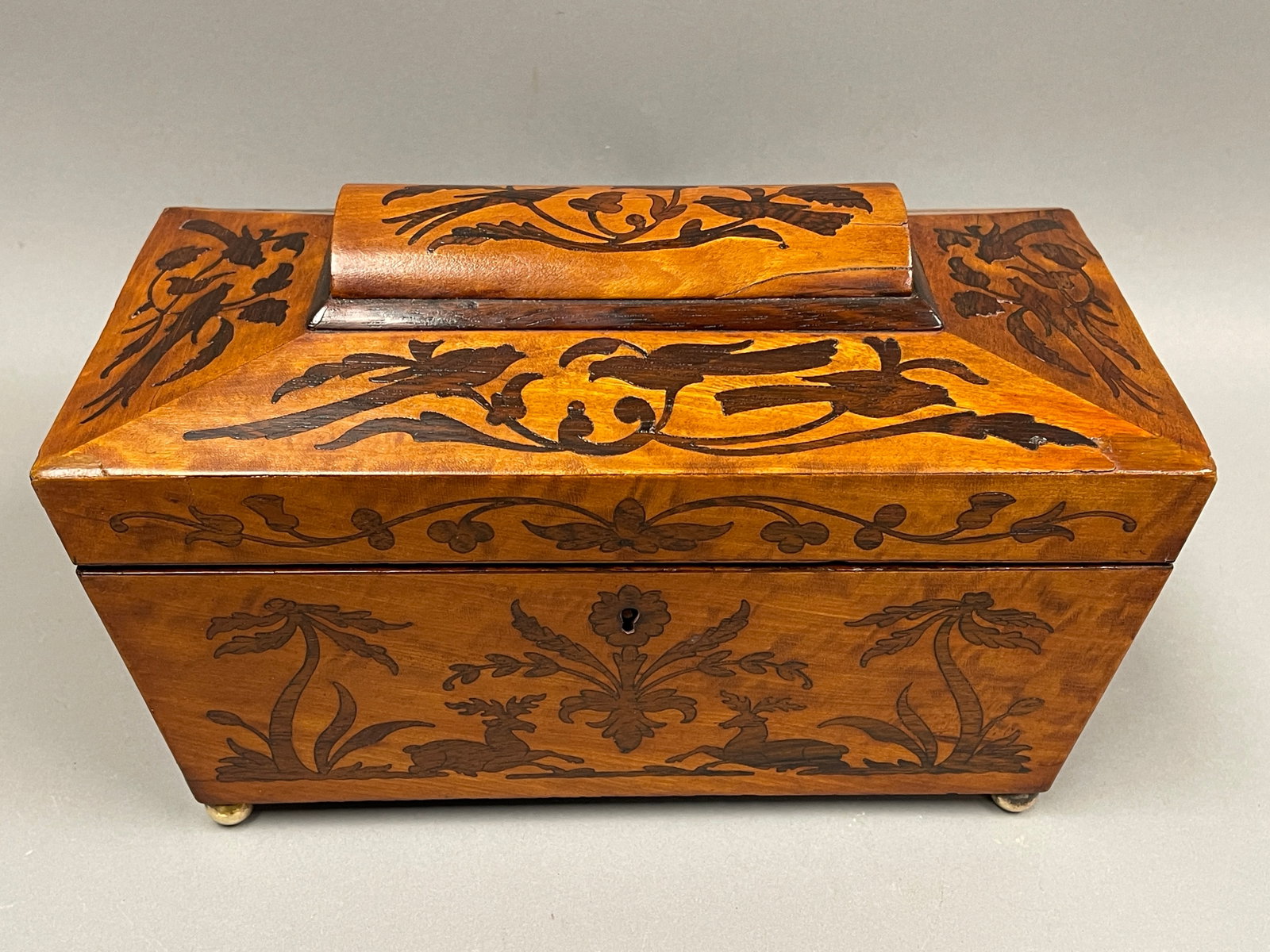 19TH C SARCOPAGUS ROSEWOOD AND SATINWOOD INLAID TEA CADDY: 19TH C SARCOPAGUS ROSEWOOD AND SATINWOOD INLAID TEA CADDY, 12 X 6 X 6