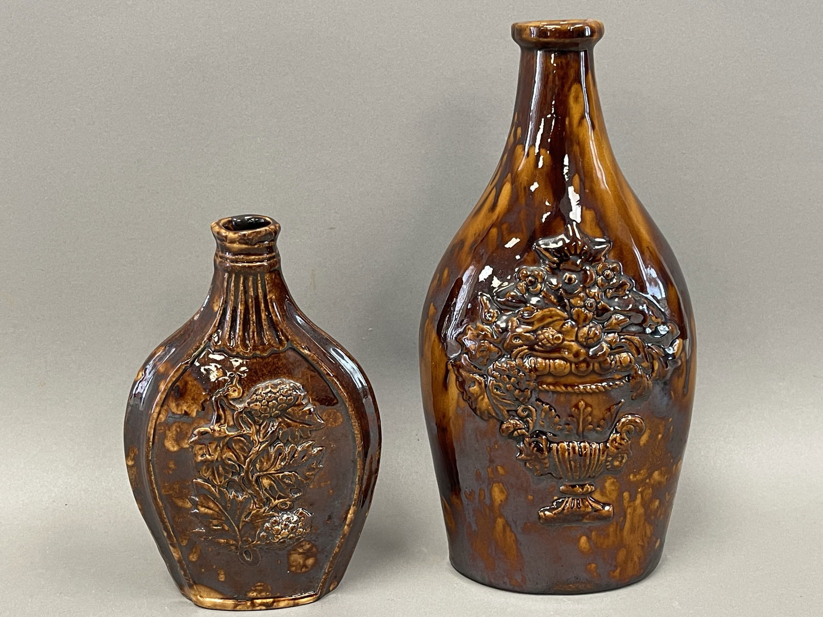 2 ROCKINGHAM GLAZED POTTERY FLASKS / BOTTLES (1 of 5)
