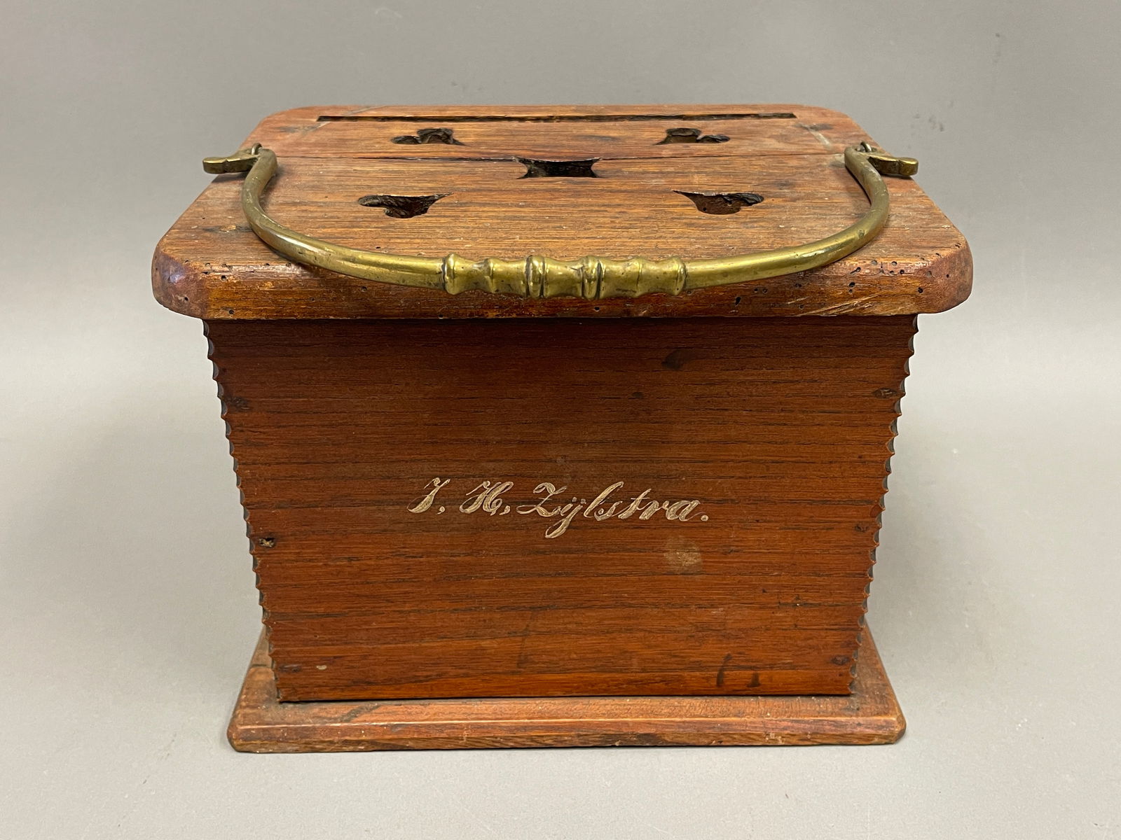 WOODEN FOOTWARMER W/ BRASS SWING HANDLE AND SLIDING FUEL DOOR (1 of 6)