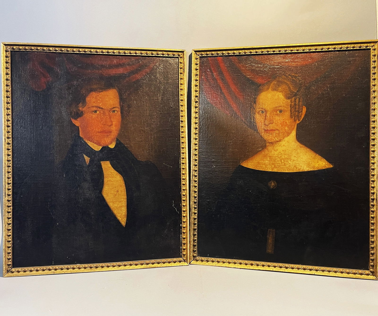 PAIR OF EARLY AMERICAN COUNTRY PORTRAITS OF YOUNG COUPLE (1 of 5)