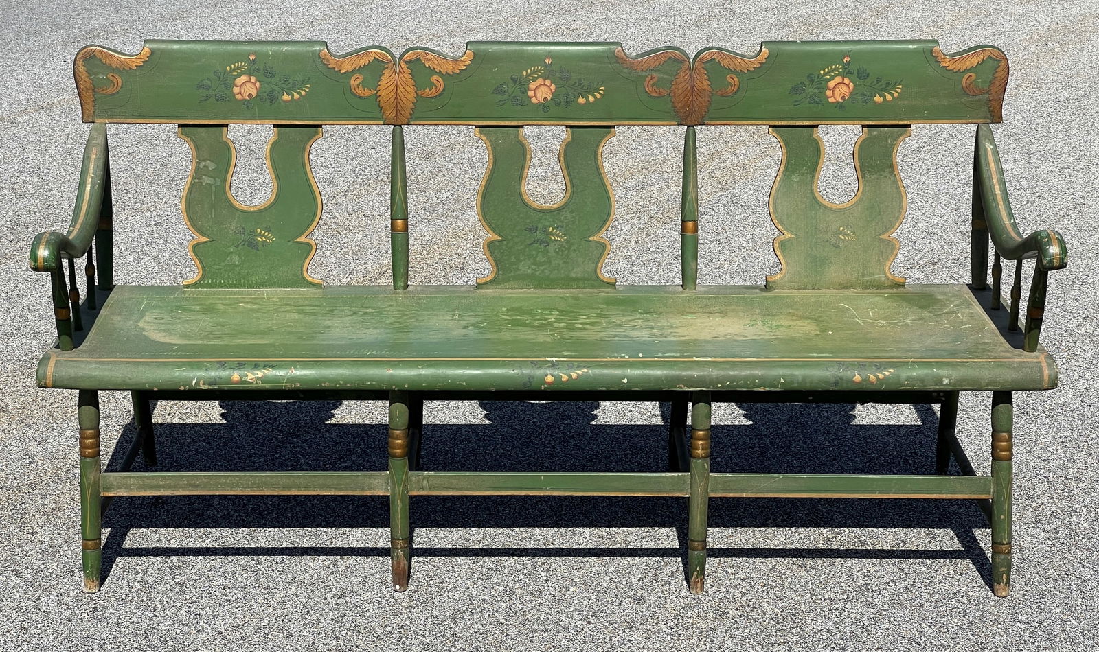 19TH C. FOLK ART PAINTED PA WINDSOR BENCH WITH DECORATED GOLD PAINT (1 of 6)