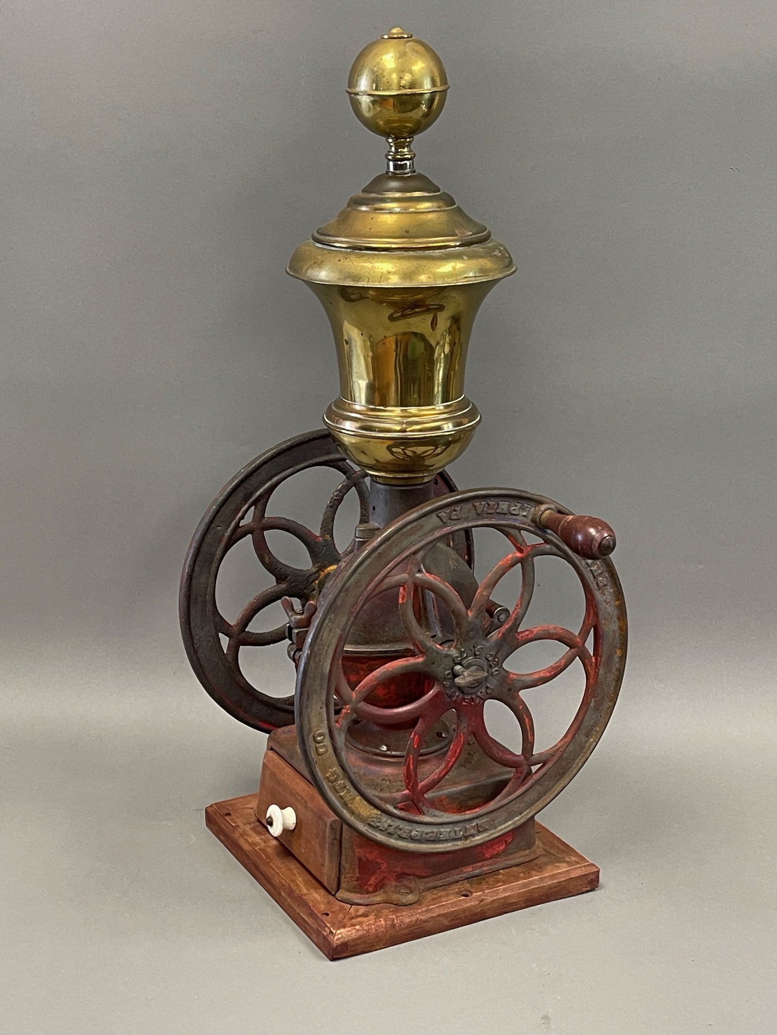 ORIGINAL RED PAINTED COFFEE GRINDER W/ UNUSUAL BRASSES (1 of 8)