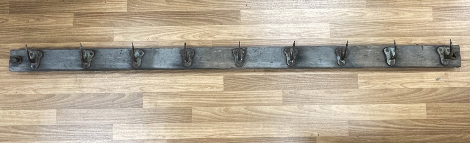 19TH C MERCANTILE HOOKS: MERCANTILE HOOKS ON BEAM,PROBABLY FROM A COUNTRY STORE, 71"