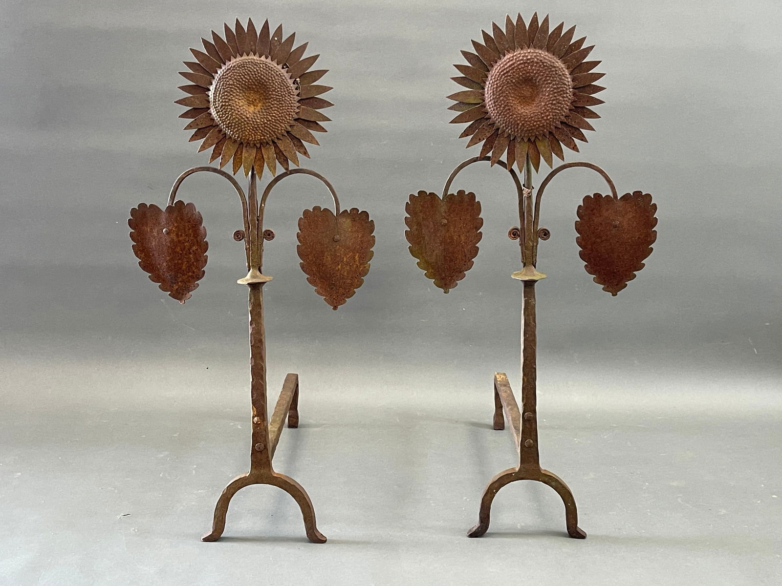 PAIR OF LARGE BLACKSMITH MADE FORGED IRON SUNFLOWER ANDIRONS (1 of 4)
