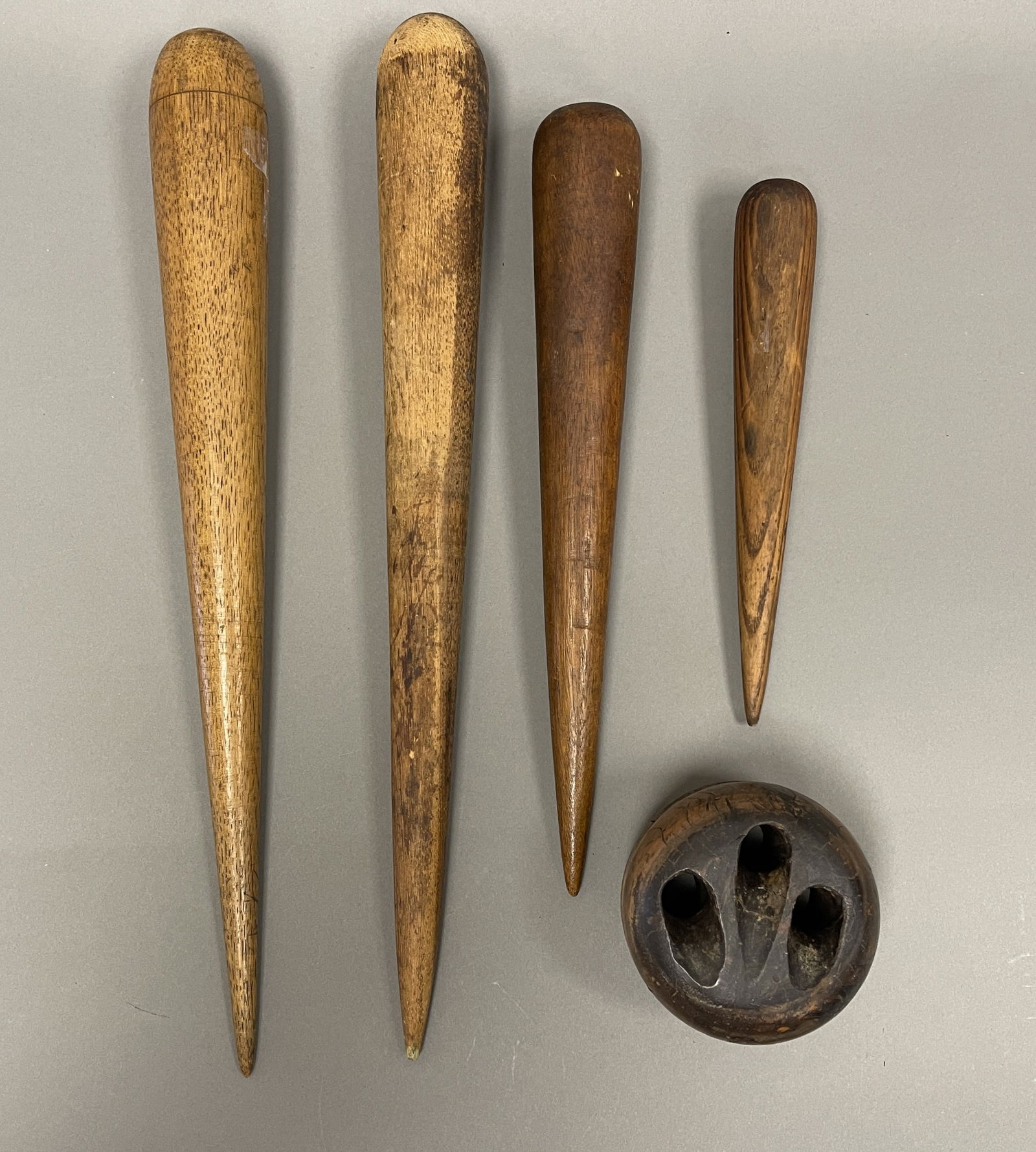 18TH AND 19TH C SAILOR MADE FIDS: MAPLE, WALNUT, OAK. PLUS 19TH C SAIL DEADEYE (1 of 3)