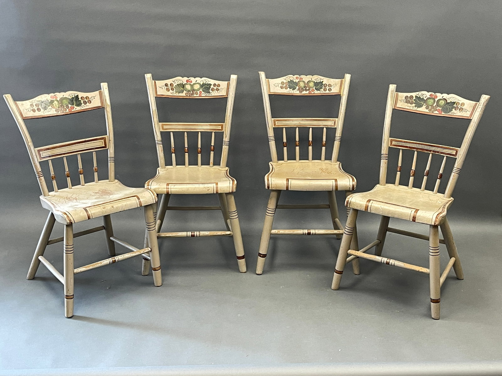FOUR PAINTED DECORATED CHAIRS: FOUR PAINTED DECORATED CHAIRS 32" X 17"