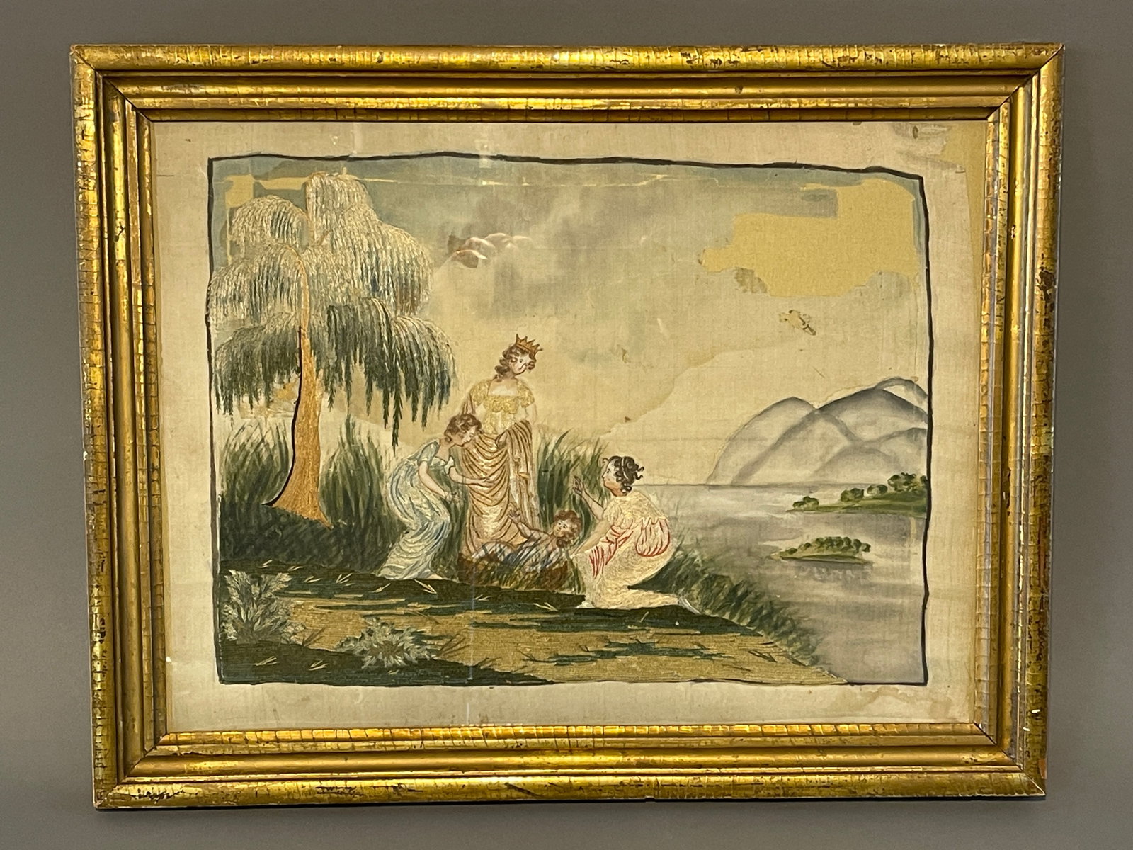 MOSES IN THE BULRUSHES GOLD GILT FRAME NEEDLEWORK: MOSES IN THE BULRUSHES GOLD GILT FRAME NEEDLEWORK 21" X 16"