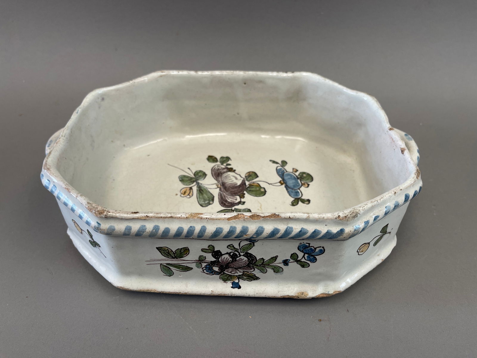 18TH FRENCH POLYCHROME TIN-GLAZED FAIENCE TWO-HANDLED BASSEN – JARDINIERE (1 of 6)