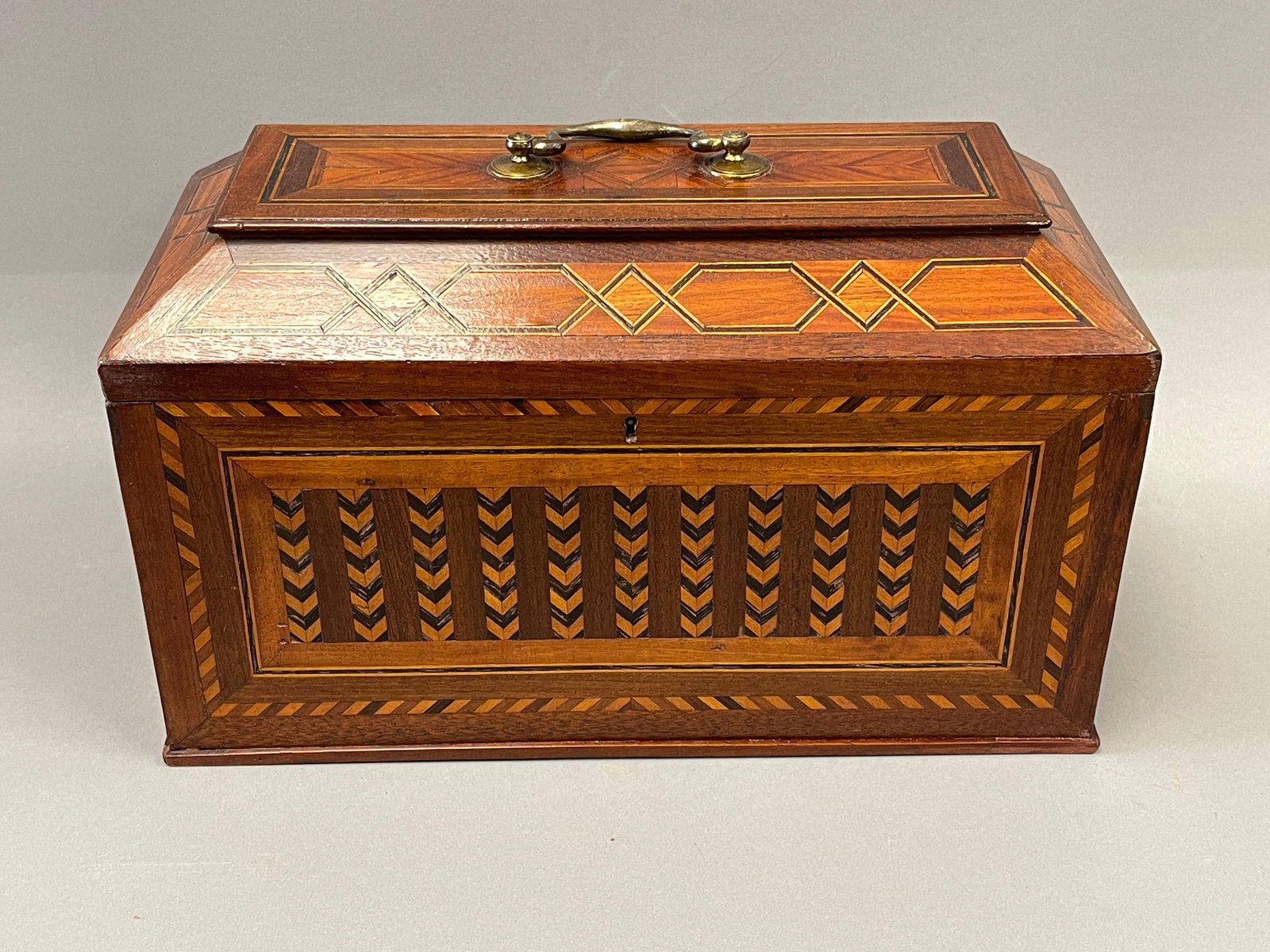 LARGE OVERSIZED INLAID TEA CADDY: LARGE OVERSIZED INLAID TEA CADDY 14" X 7" X 9"