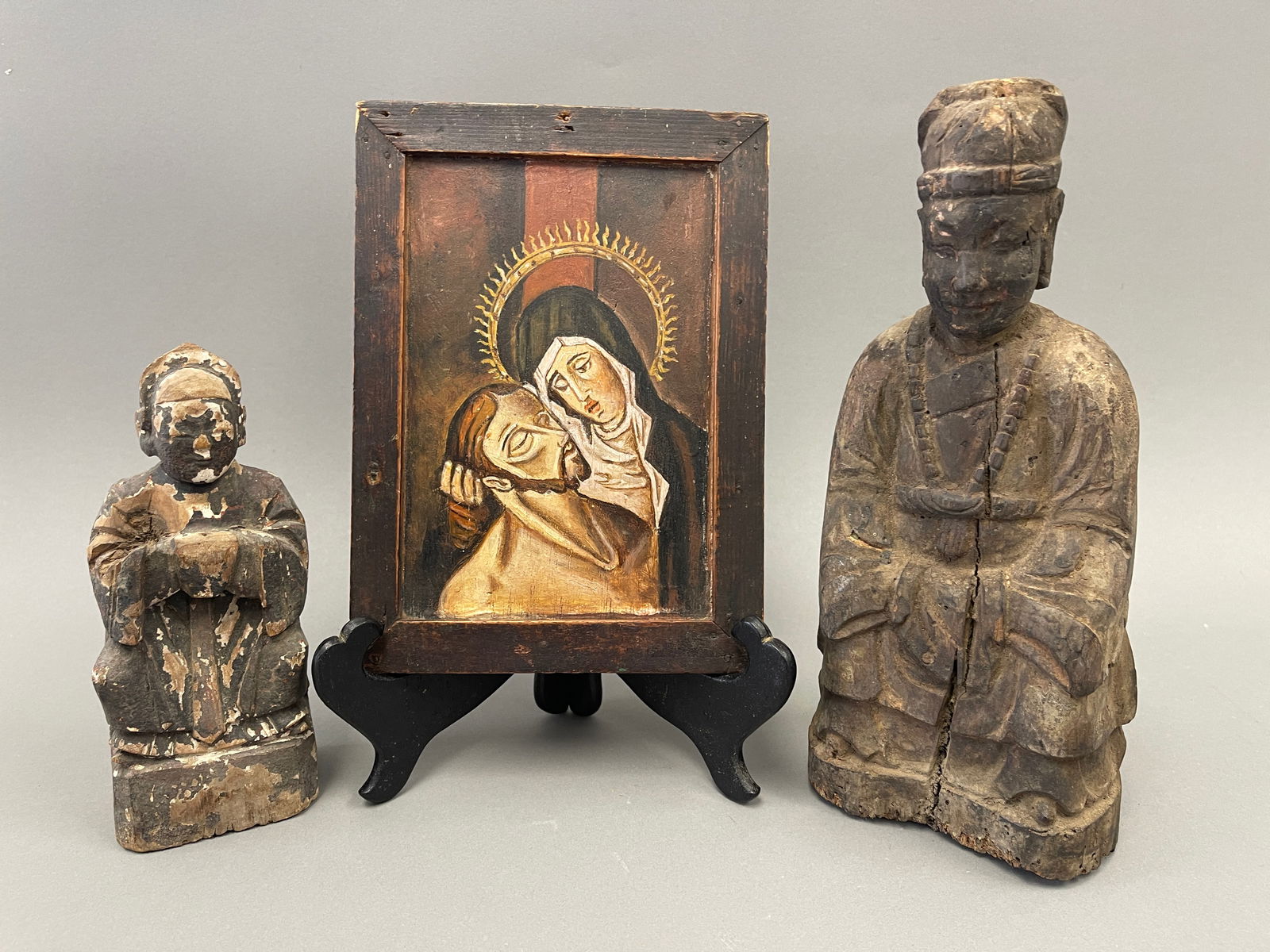 TWO WOOD CARVED FIGURES & PAINTED IRON (1 of 6)