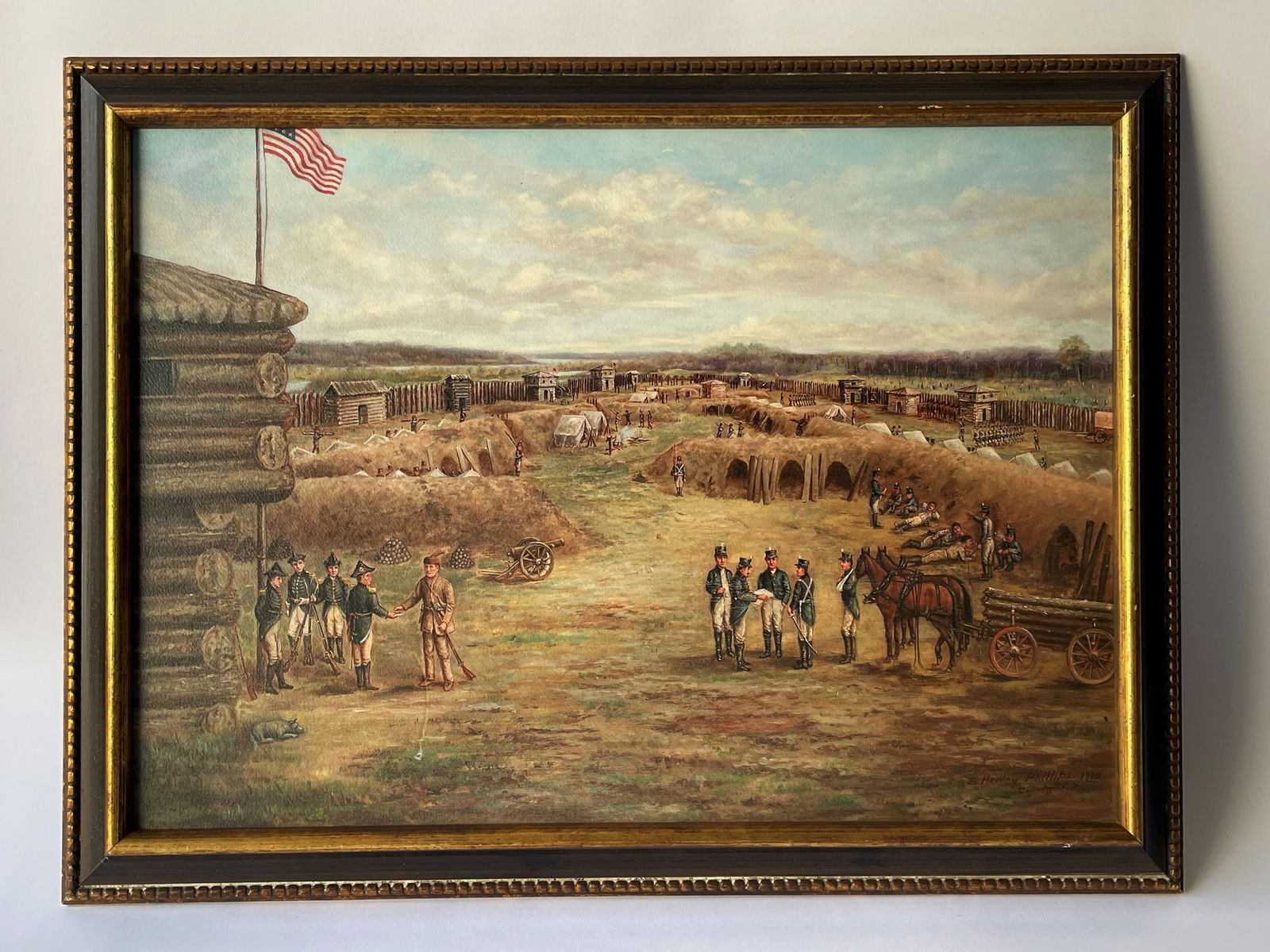 1910 HENLEY PHILLIPS “SIEGE OF BOONESBOROUGH FORT?? FRAMED COLLECTORS PRINT ON BOARD ARTWORK (1 of 6)