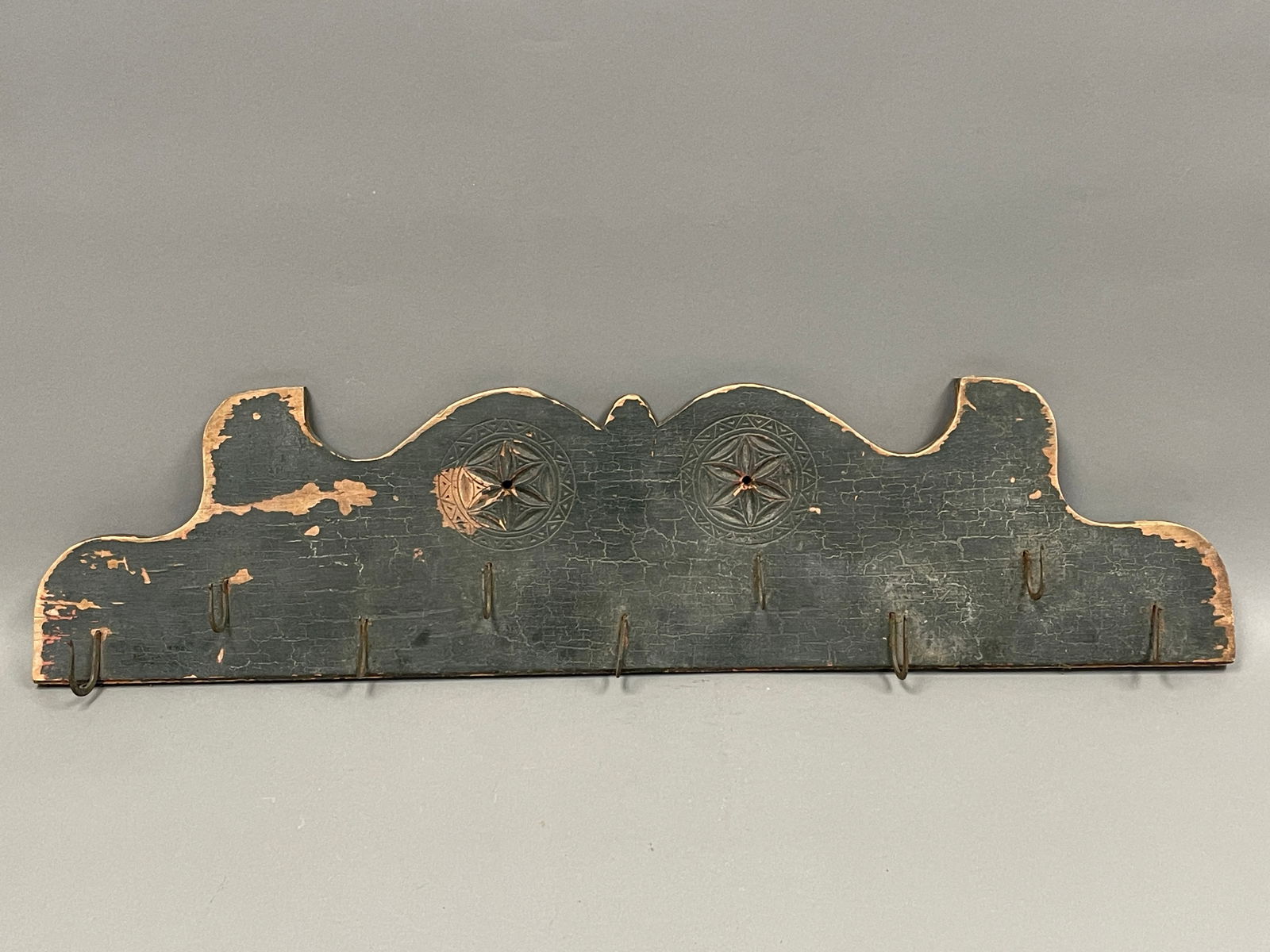 P.A. PINWHEEL DECORATED OLD PAINT RACK W/ FORGED HOOKS (1 of 4)